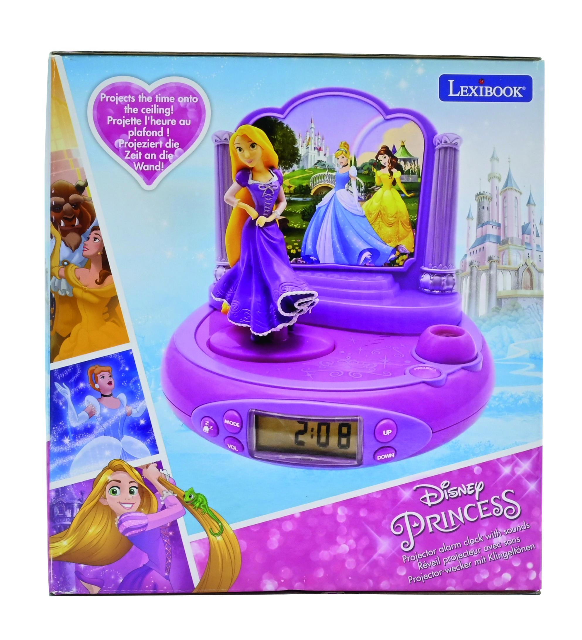 Despertador proyector de Princesas Disney. Morado con Rapunzel y Cenicienta.