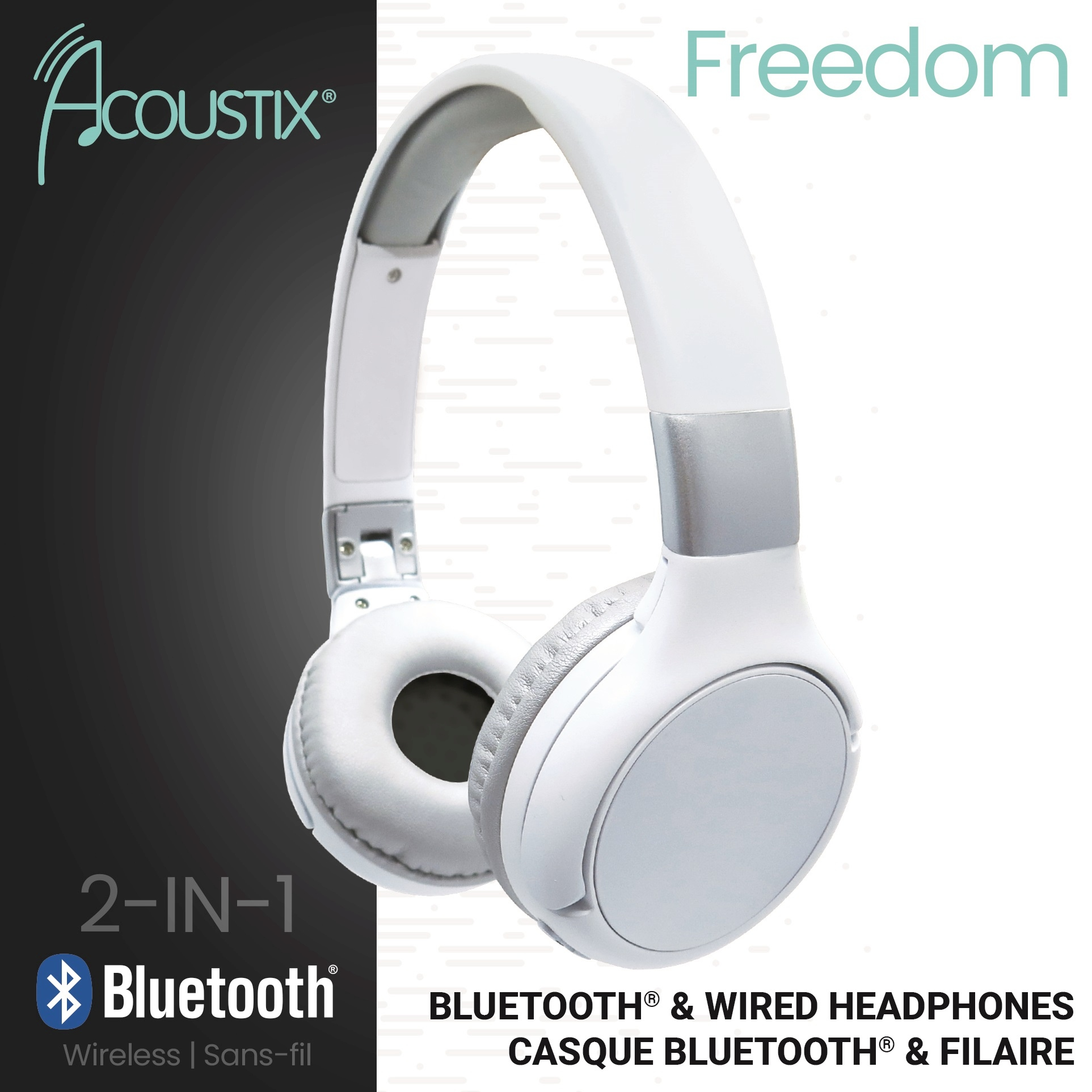 Weiße Acoustix-Kopfhörer mit silbernen Akzenten und den Worten Bluetooth & Wired Headphones.
