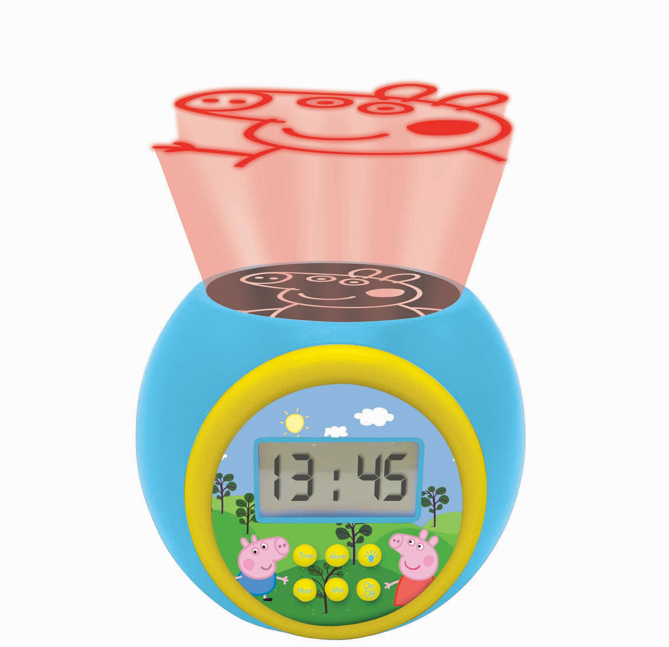 Orologio blu e giallo di Peppa Pig. Proietta il volto di Peppa. Il display mostra 13:45. Personaggi di Peppa Pig sulla base.