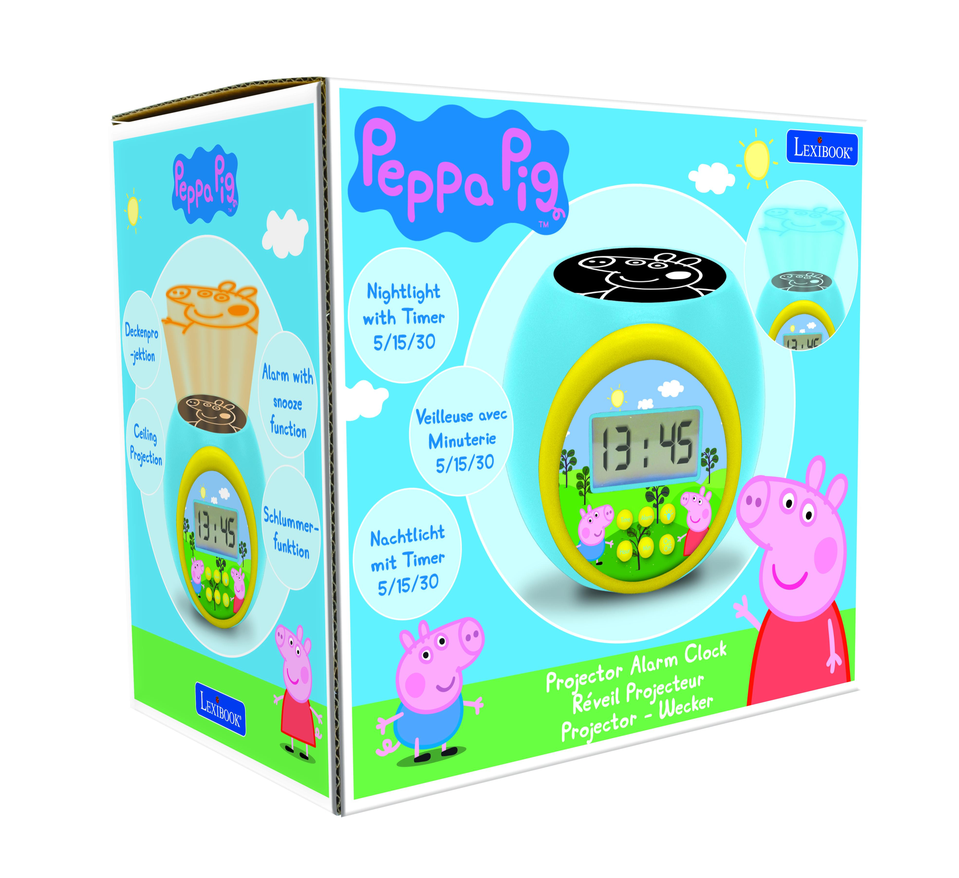 Scatola sveglia Peppa Pig con personaggi dei cartoni animati e dettagli dell'orologio.