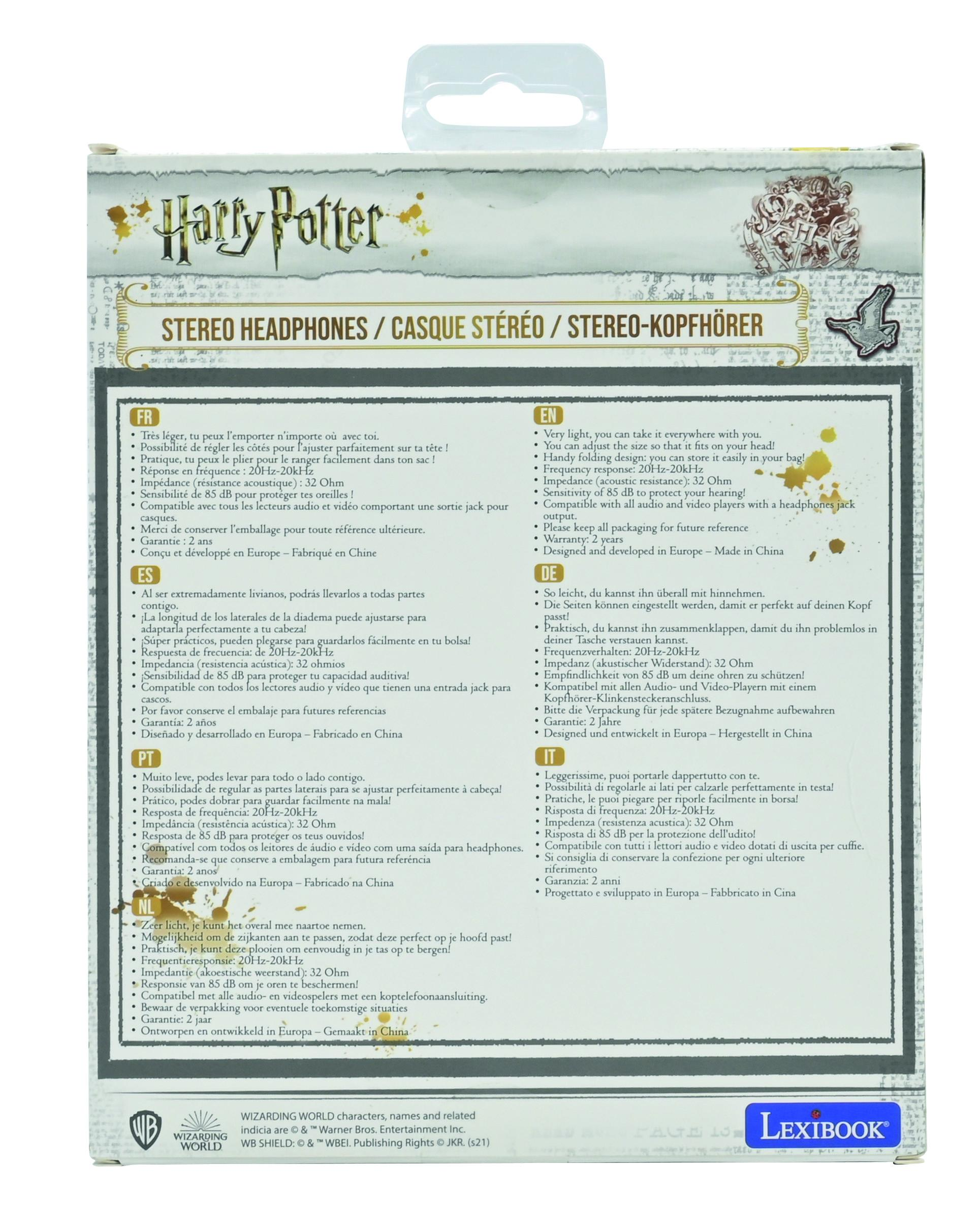 Caja de auriculares de Harry Potter con texto en varios idiomas.