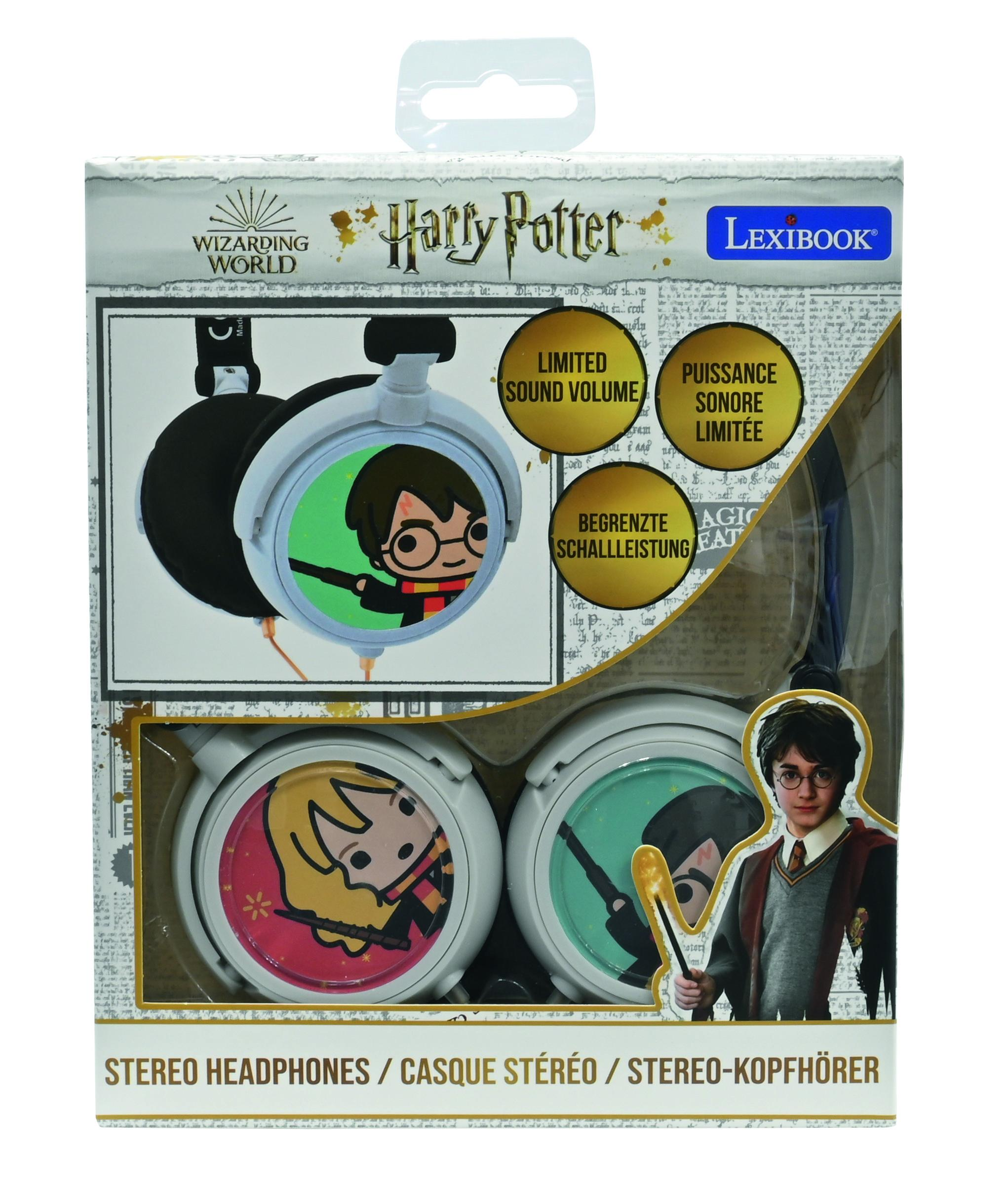 Auriculares de Harry Potter en caja. Auriculares blancos con imágenes de Harry Potter. Volumen de sonido limitado.