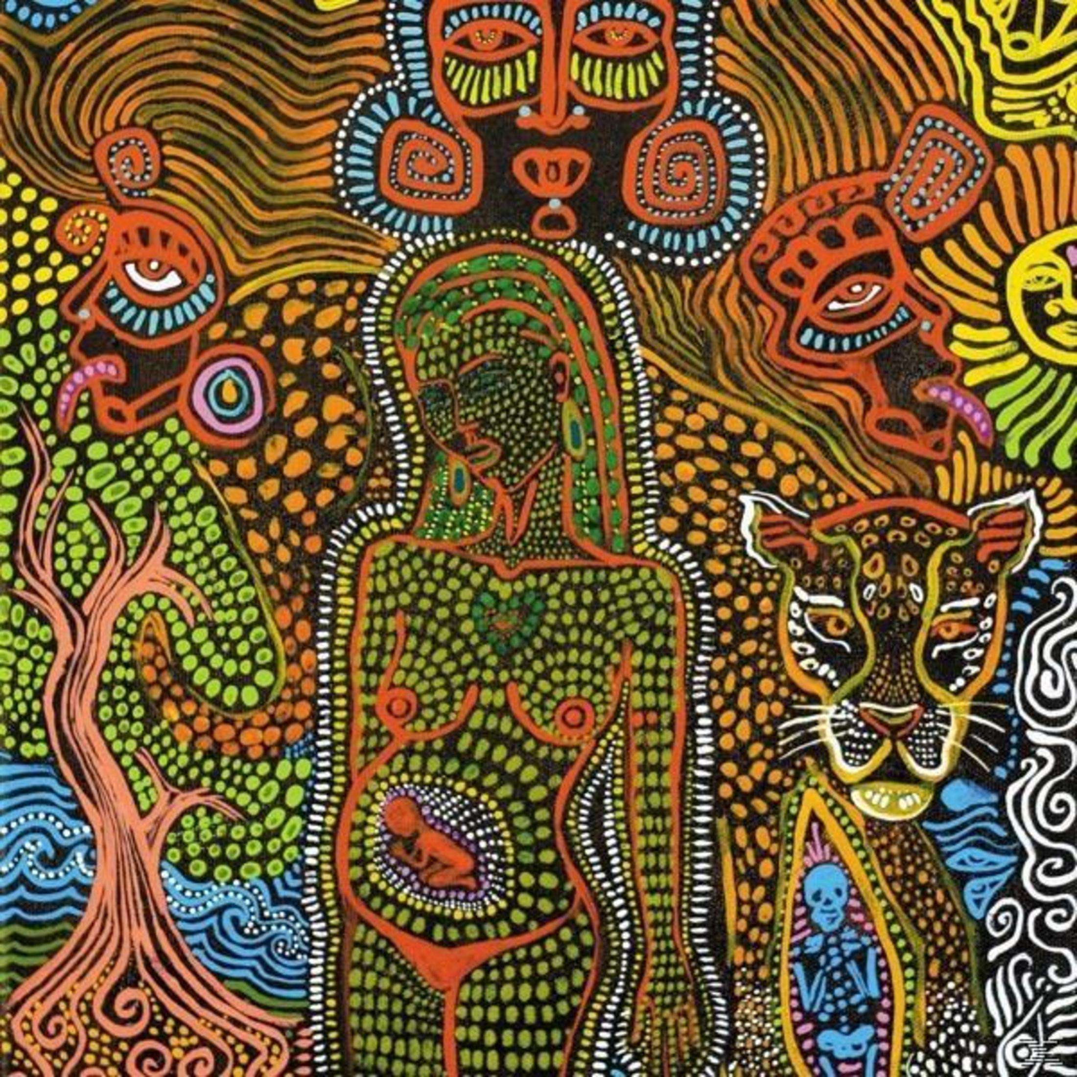 Colorful artwork with a central female figure, surrounded by animal and abstract figures and patterns.
