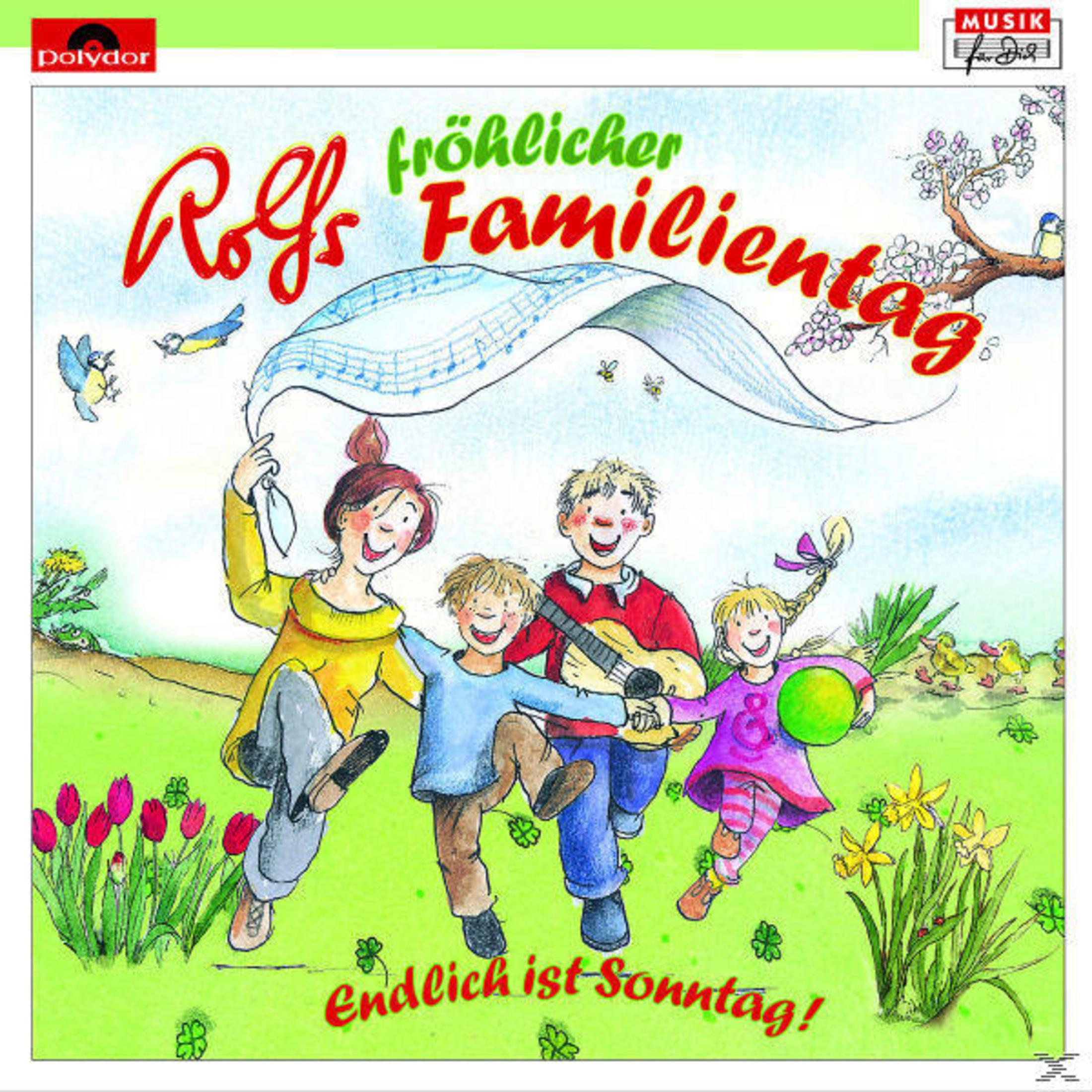Pochette d'album avec une famille en fête. Texte 'Rolfs fröhlicher Familientag' et 'Endlich ist Sonntag!'
