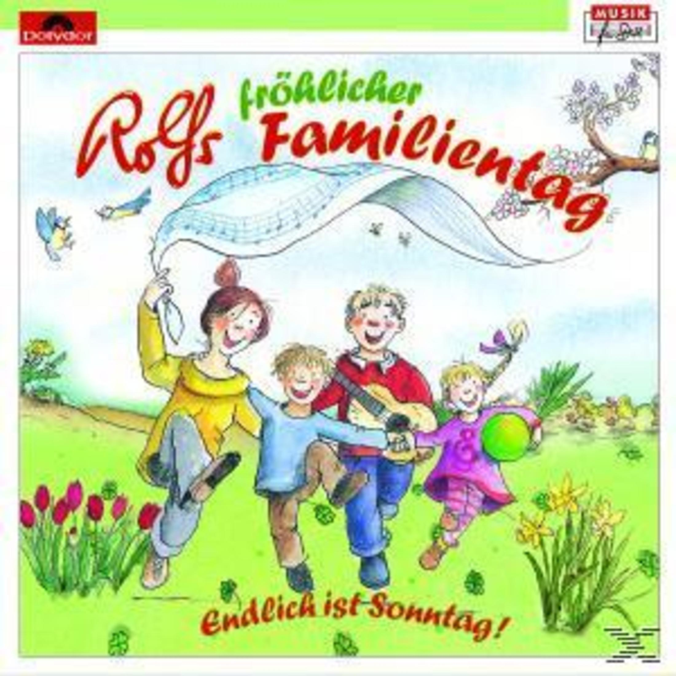Pochette d'album avec une famille de dessins animés : maman, papa et deux enfants. Texte : Rolfs Familientag.