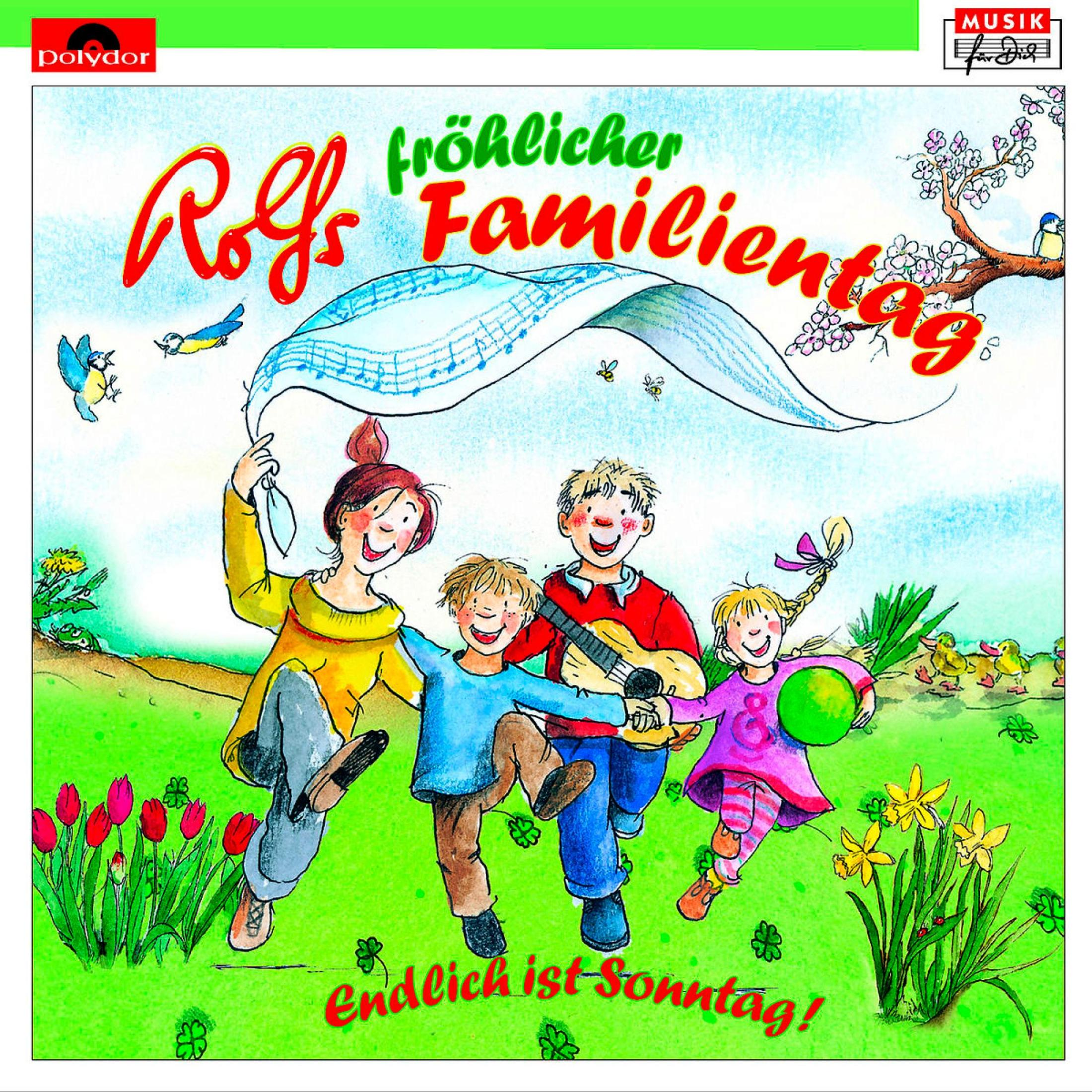 Pochette d'album avec famille de dessins animés. Couleurs vives et notes de musique. Titre : 'Rolfs fröhlicher Familientag'.