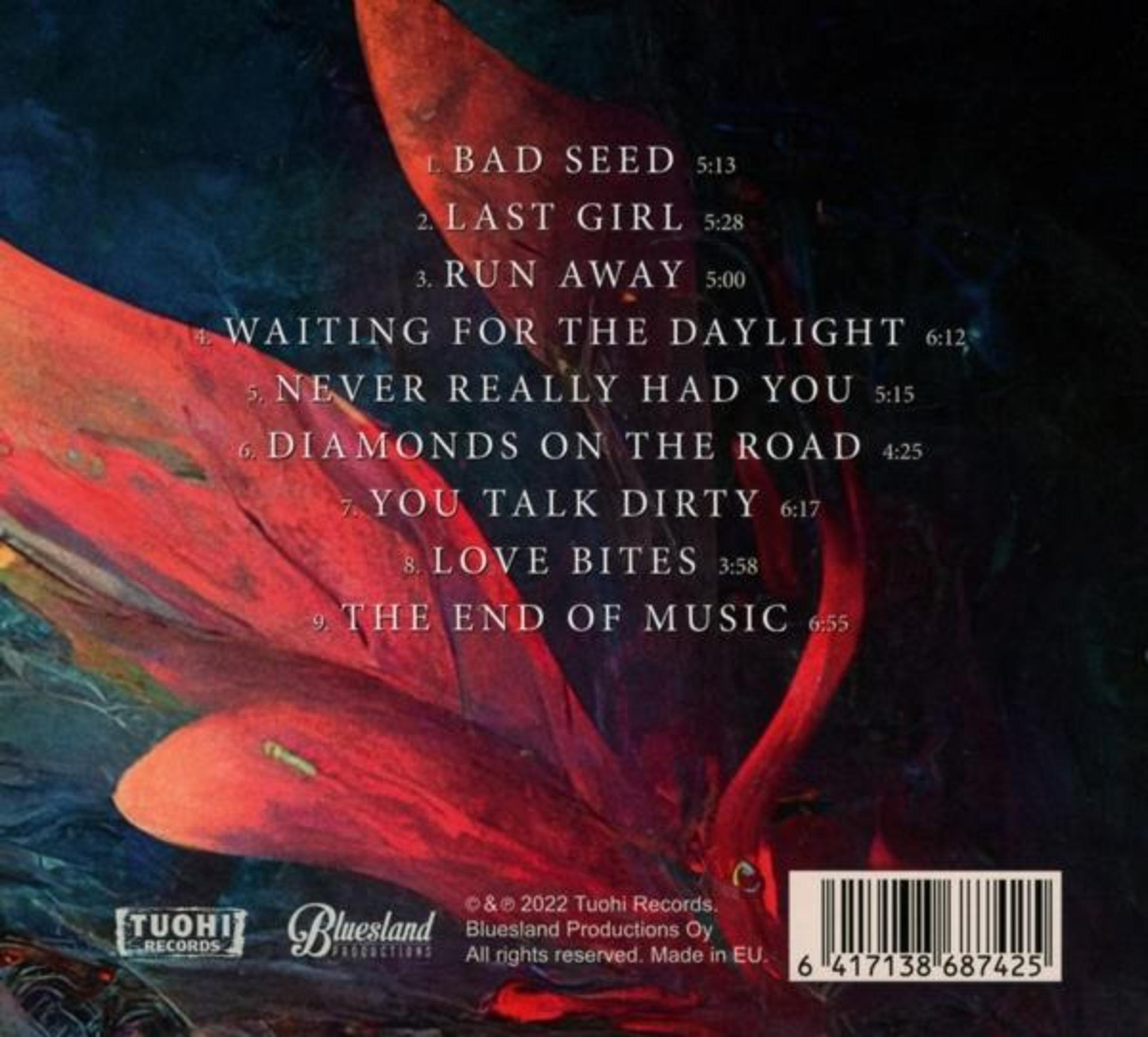 Copertina dell'album con tracklist. Testo: Bad Seed, Run Away, Never Really Had You. Sfondo rosso e nero.