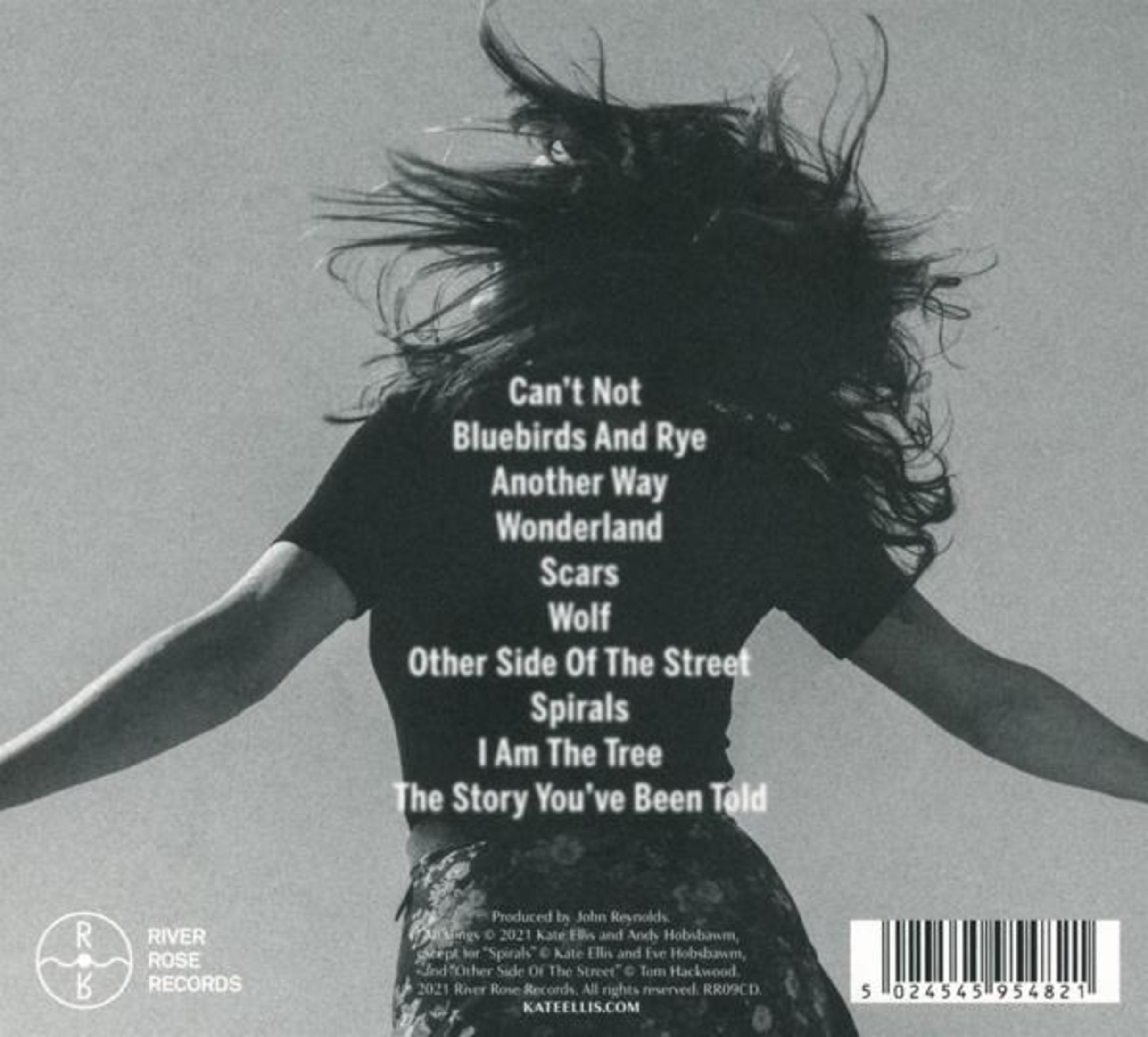 Album cover with a woman mid-air, long hair, and song titles. River Rose Records logo at the bottom.