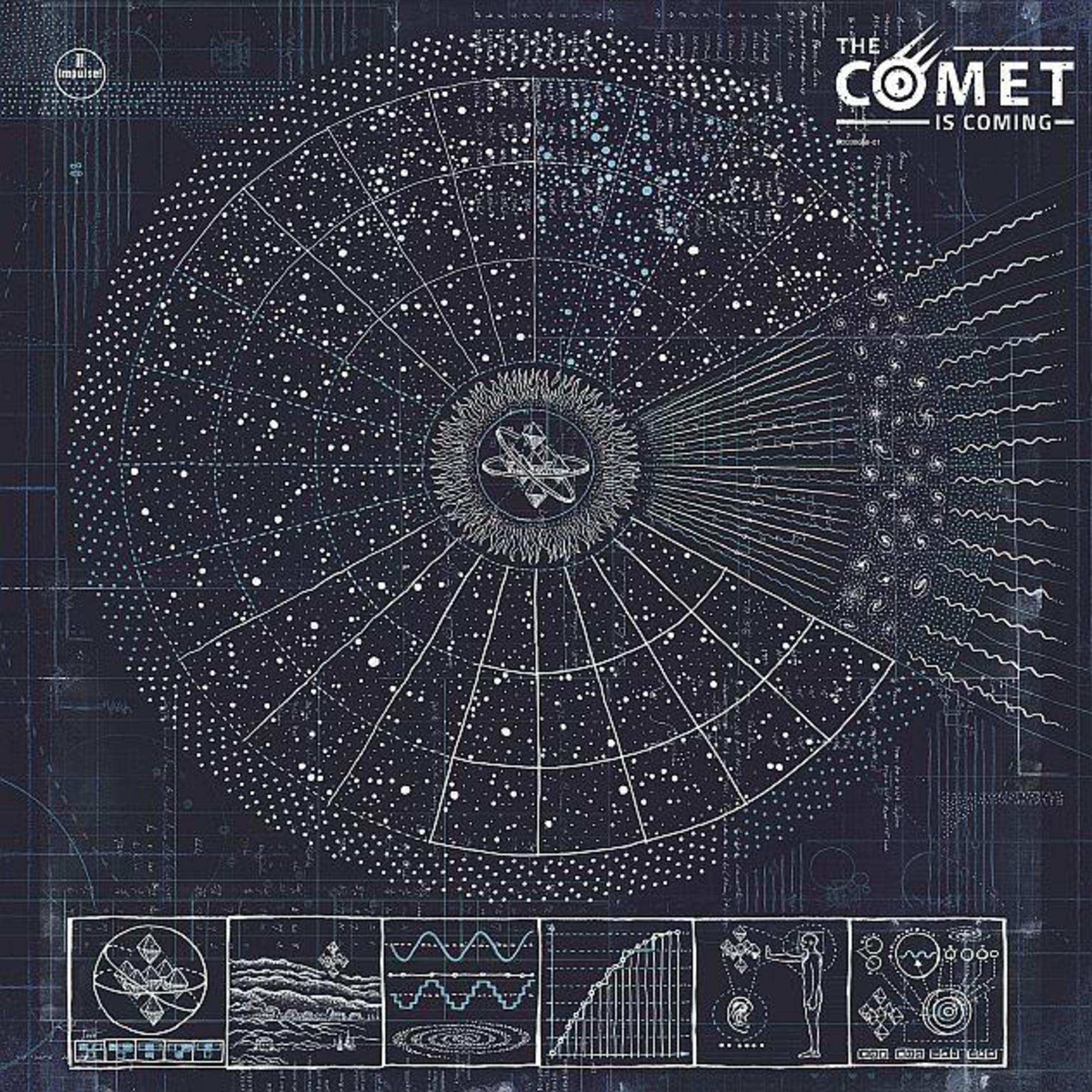 Albumhoes: een gedetailleerde, blauw-witte sterrenkaart met geometrische vormen. Titel: The Comet Is Coming.