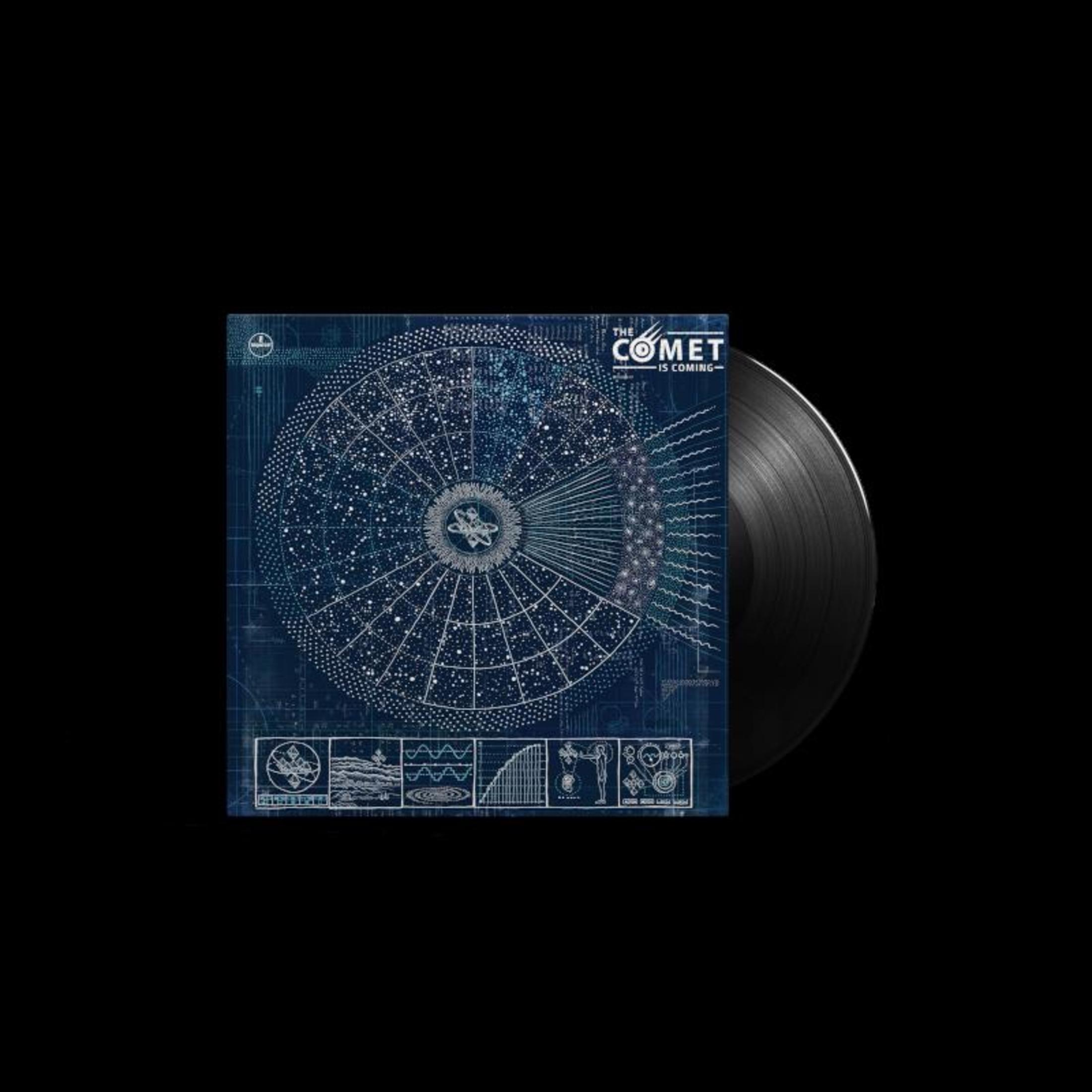 Albumhoes met blauwe illustratie en de woorden 'THE COMET IS COMING' en een vinylplaat rechts.