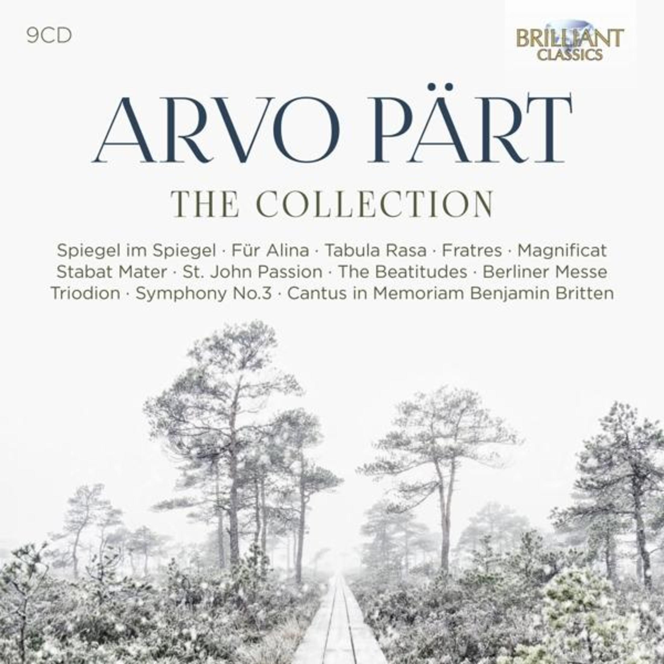 Copertina del CD. Testo: Arvo Pärt, The Collection. Alberi e un sentiero in primo piano. Terreno innevato.