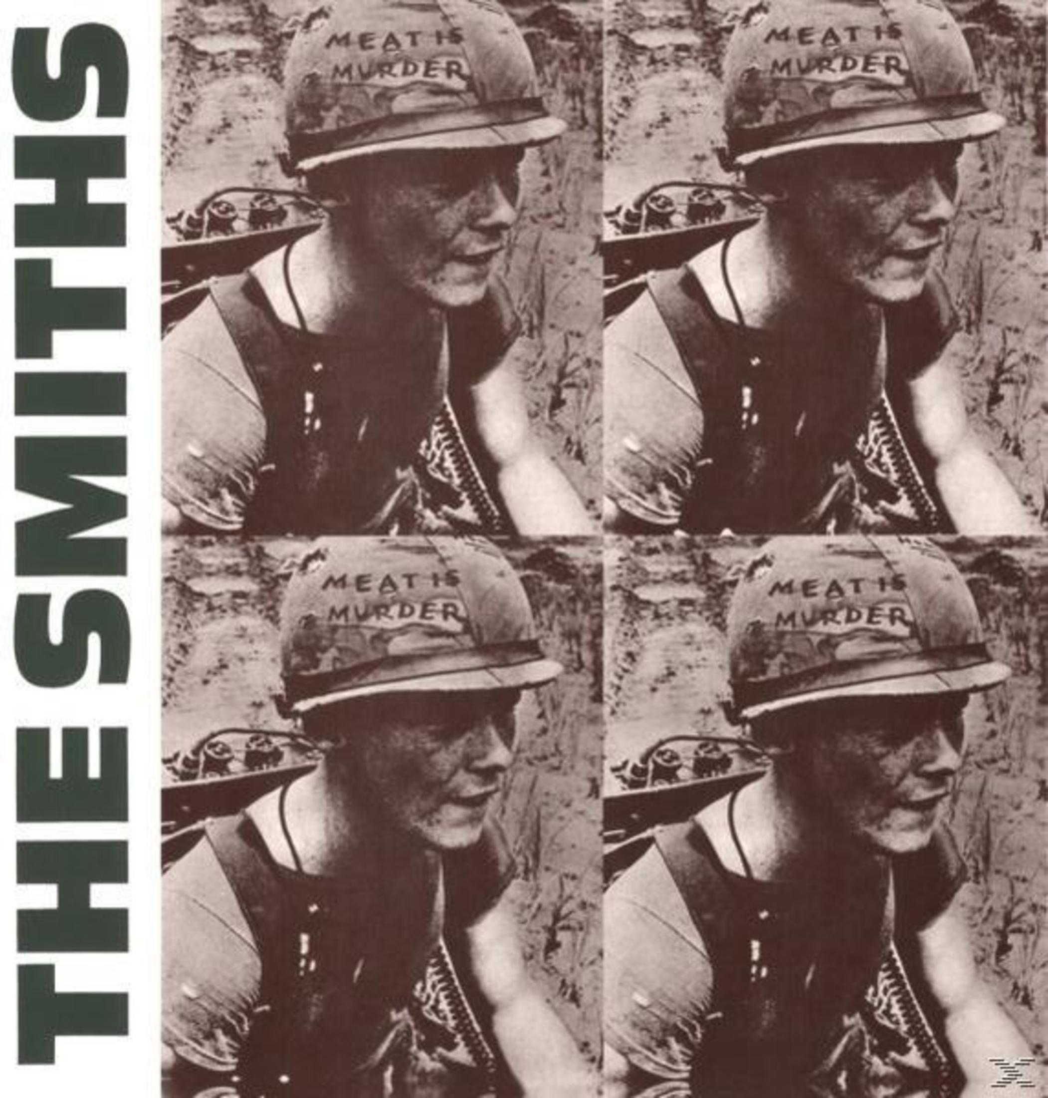 Albumhoes, herhaalde afbeelding van een persoon met helm met "MEAT IS MURDER" erop.