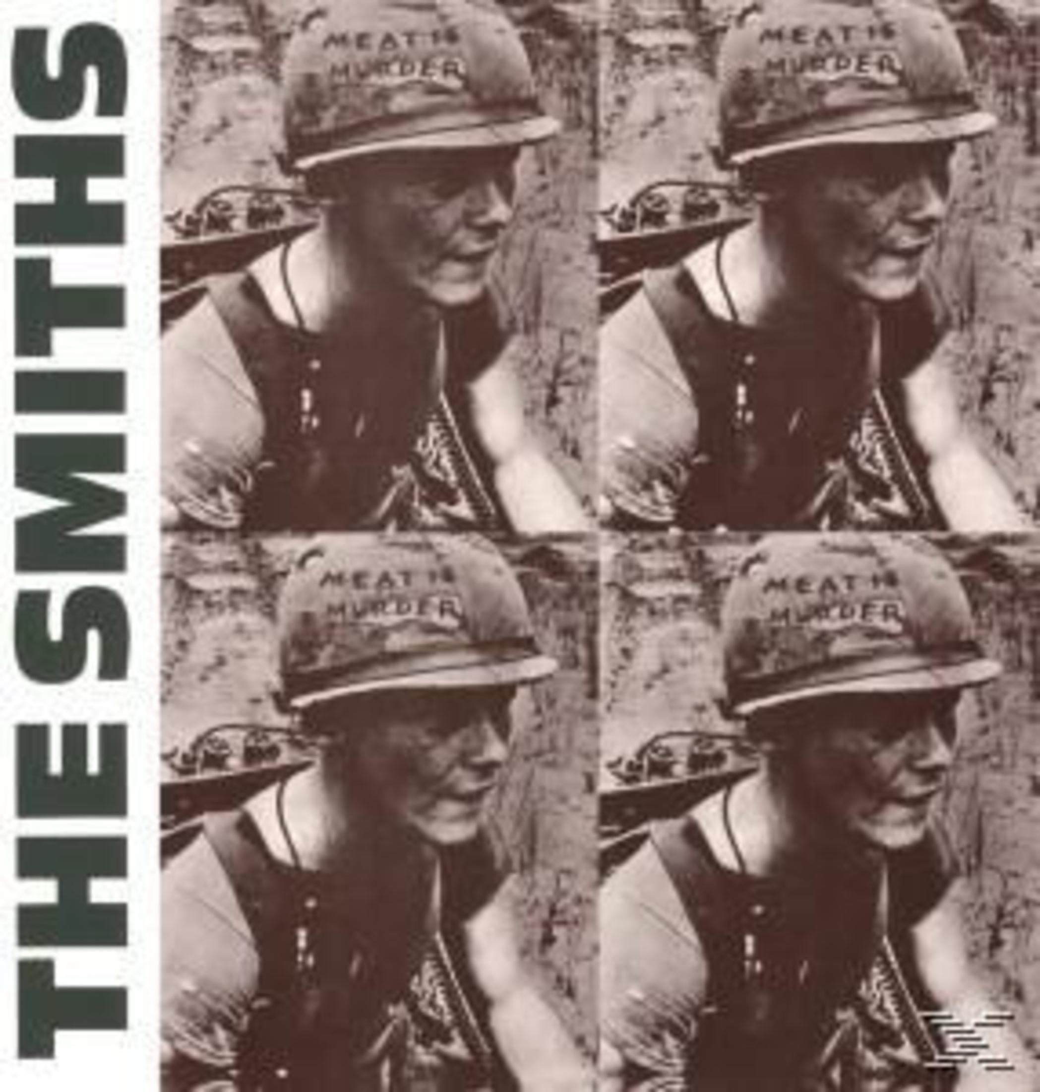 Albumhoes met herhaalde afbeelding van man met helm 'MEAT IS MURDER' en 'THE SMITHS'.