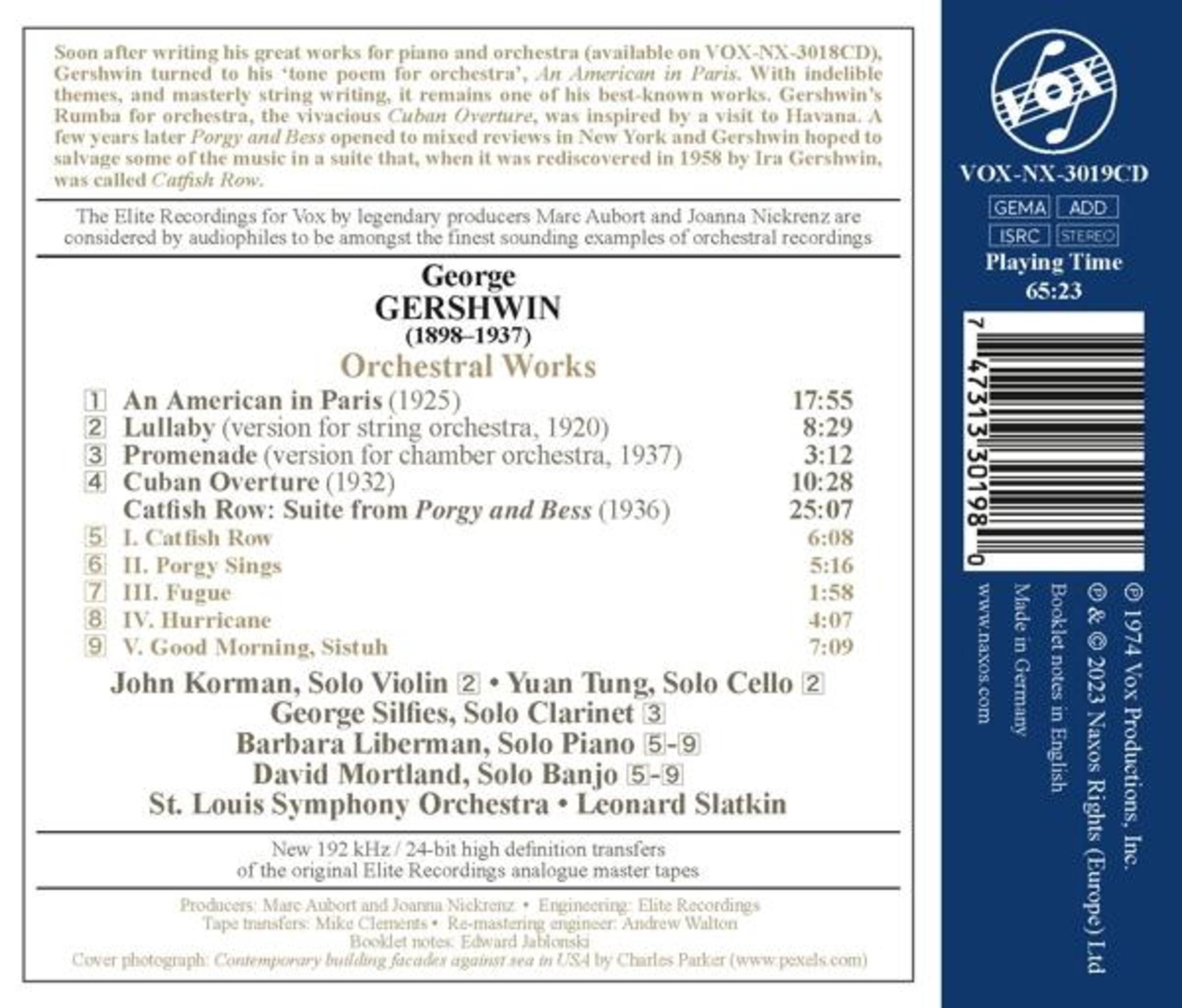 CD cover. Text: George Gershwin, Orchestral Works. Tracklist and notes on the back.