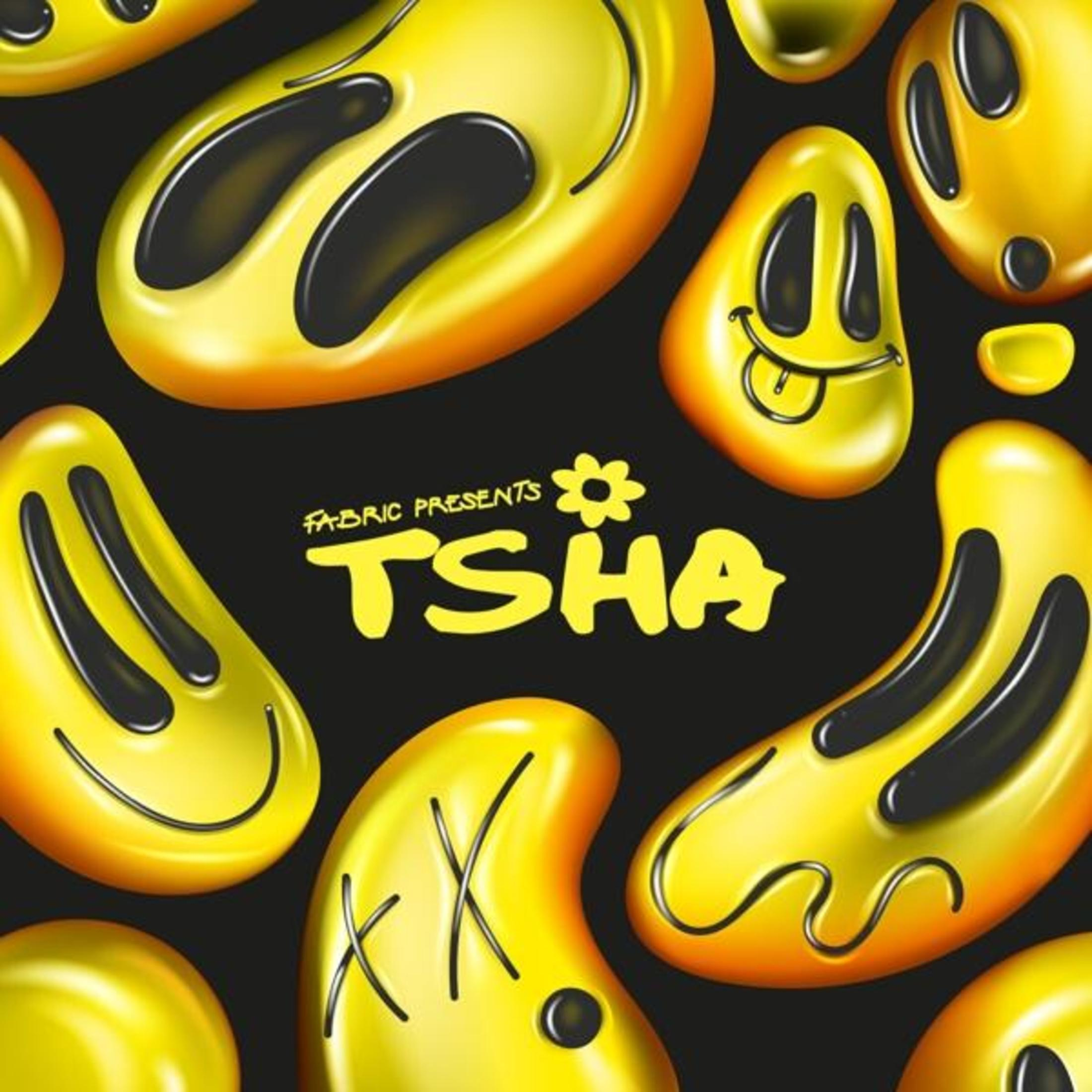 Pochette d'album avec des smileys jaunes sur fond noir. Titre : TSHA.
