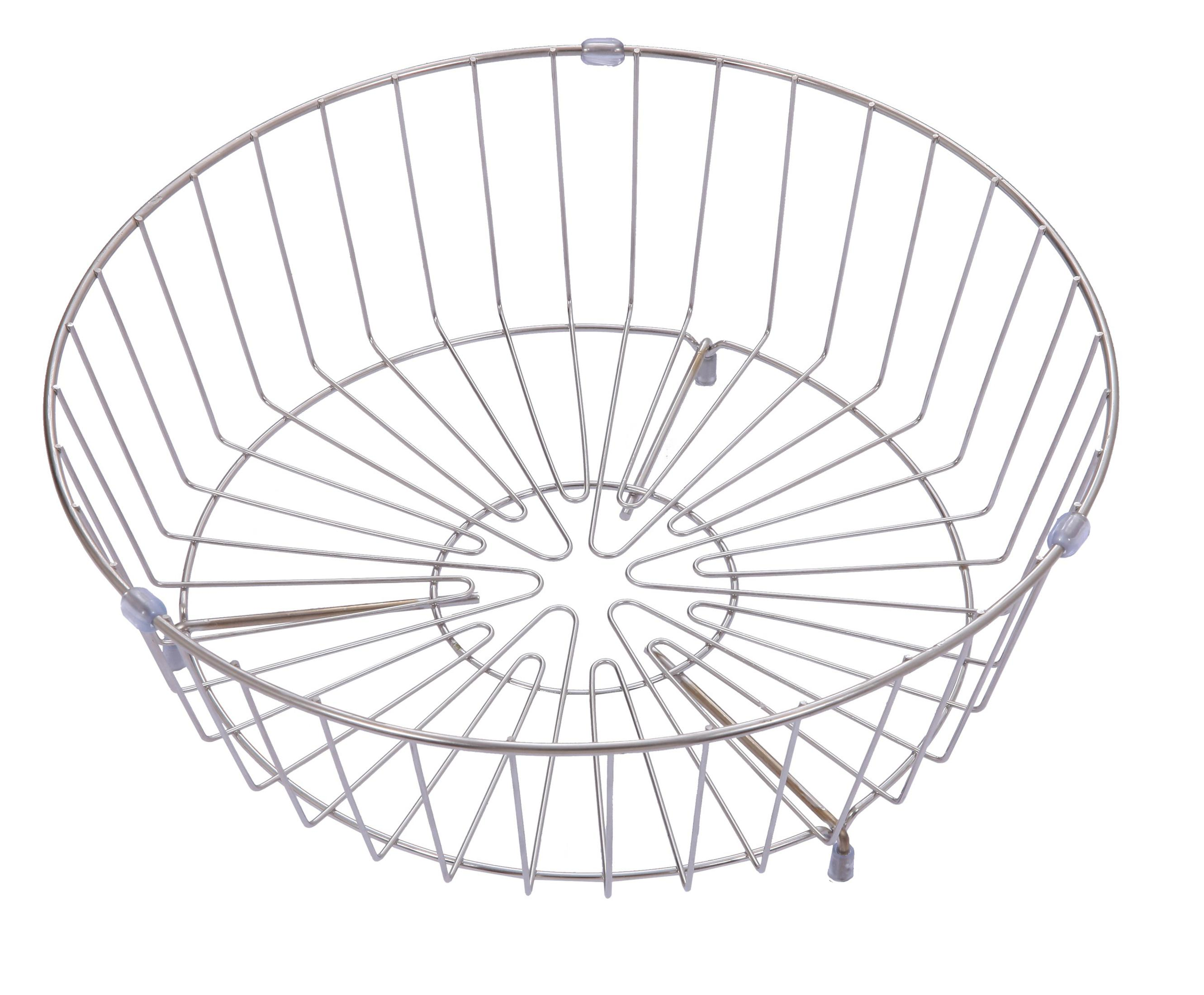 Ein Edelstahldrahtkorb, kreisförmige Form.