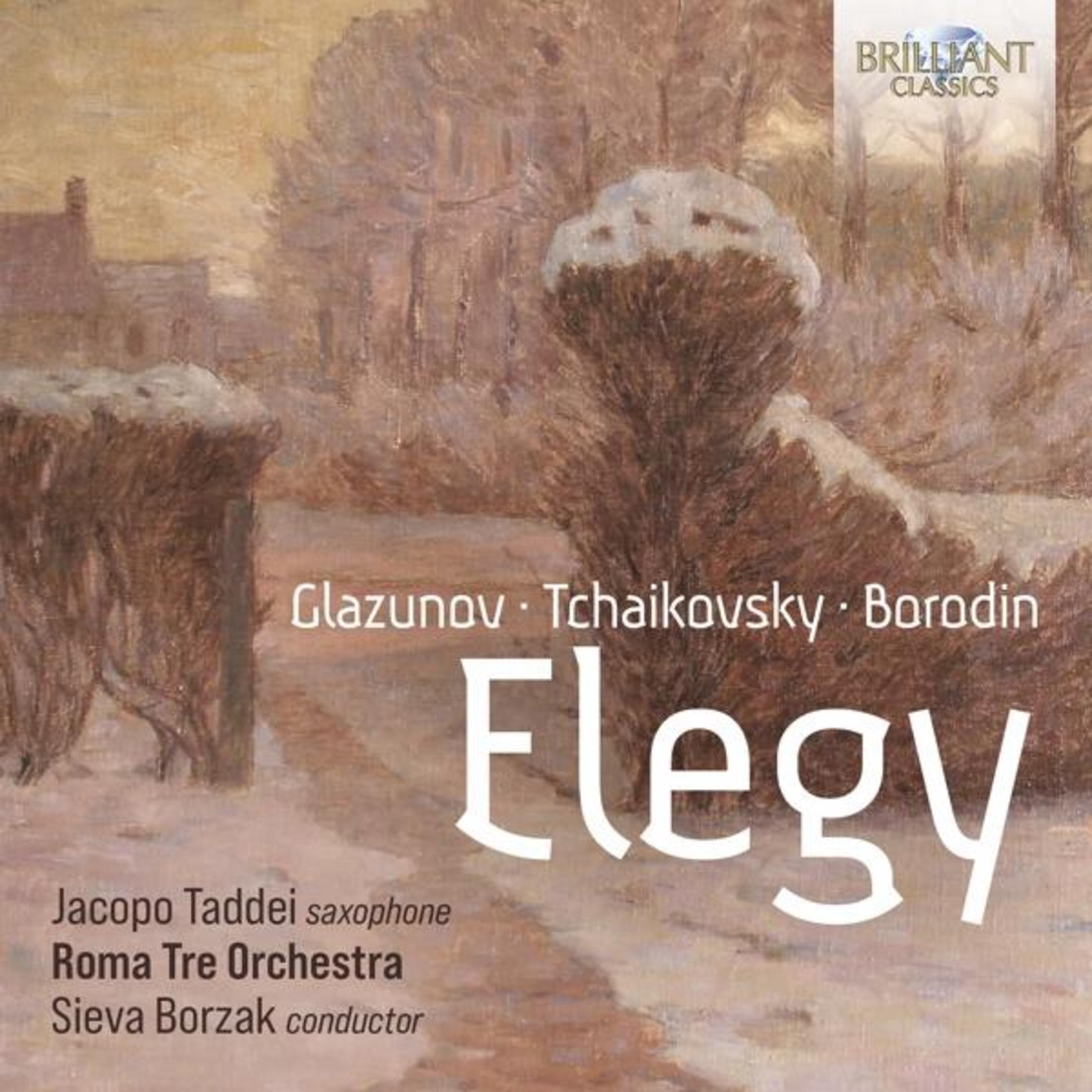 Albumhoes met een besneeuwd winterlandschap, met tekst: 'Glazunov, Tsjaikovski, Borodin - Elegie'.