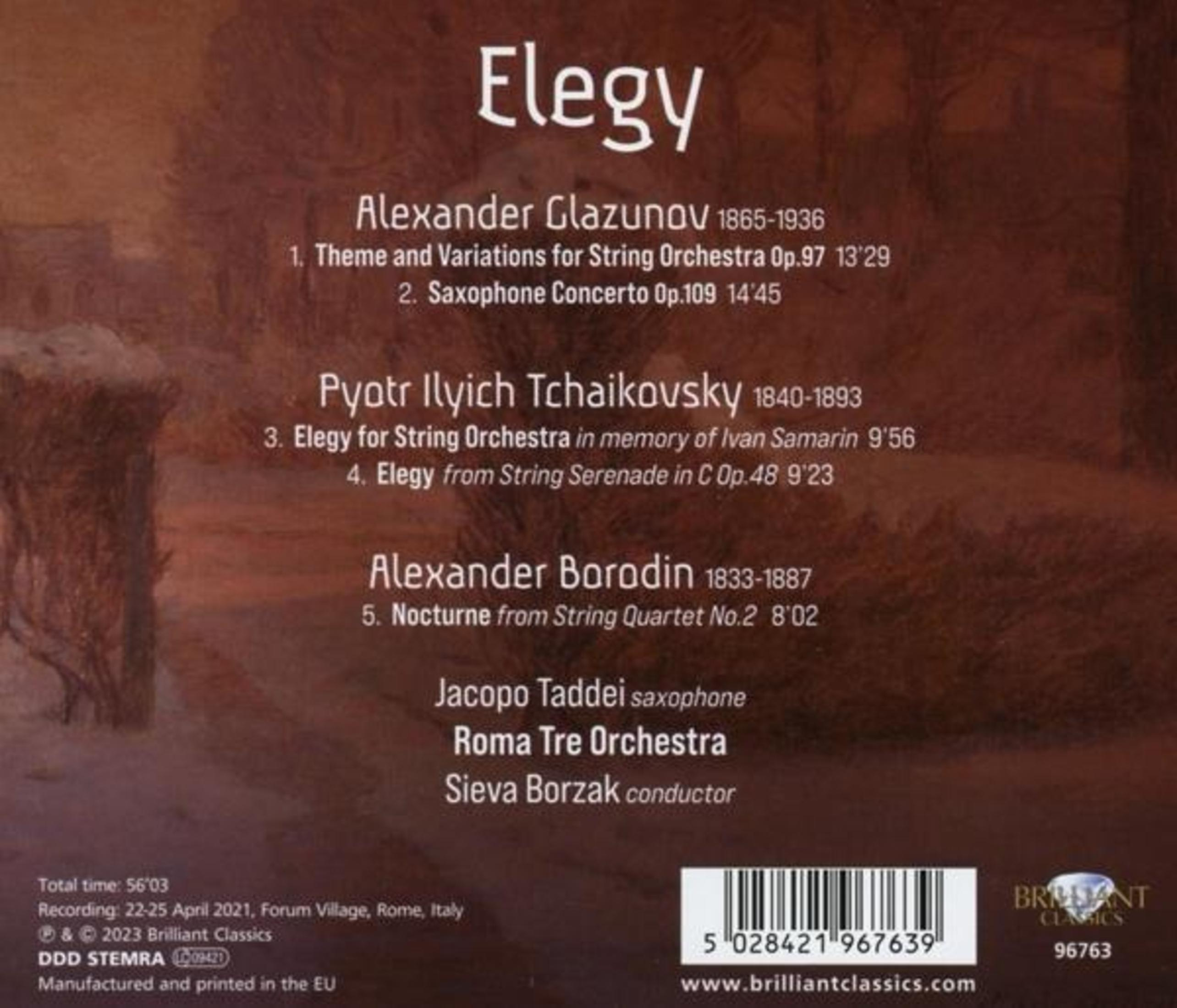 Albumhoes met tekst: Elegy, tracklist en credits. Met Alexander Glazunov en anderen.