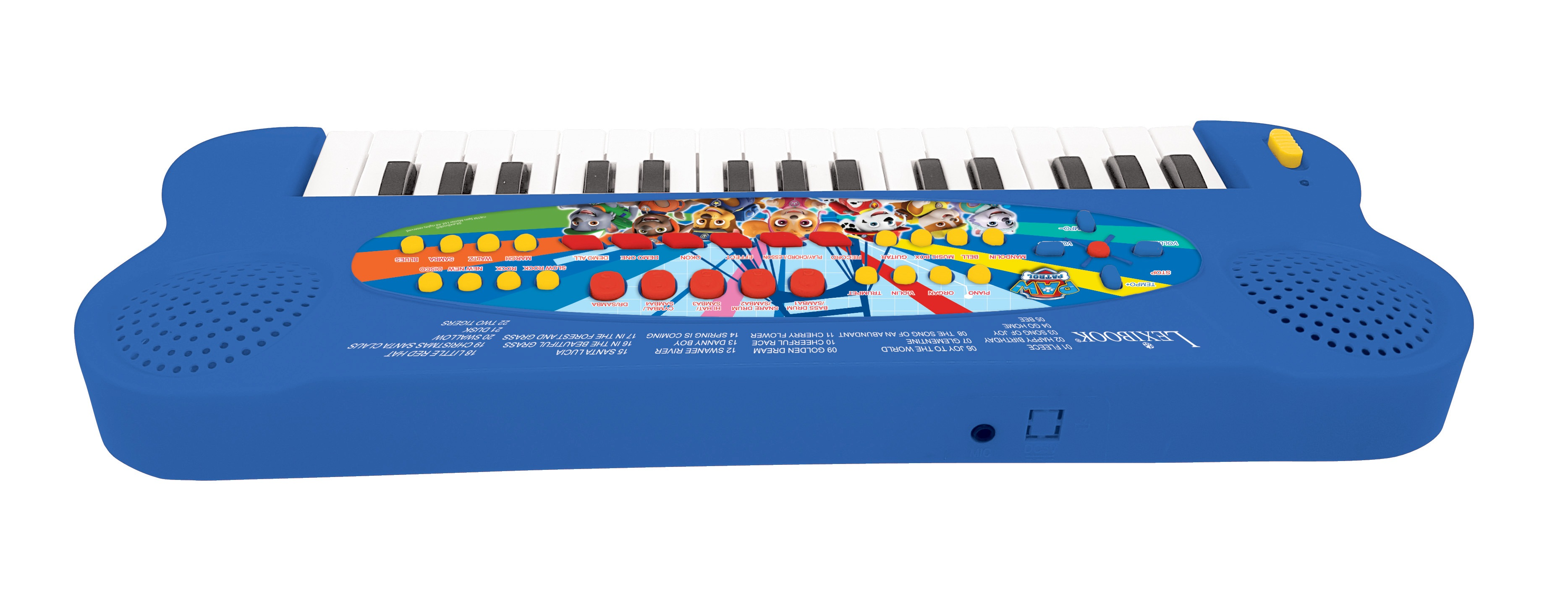 Blaues Spielzeugklavier mit Tastatur und bunten Knöpfen. Paw Patrol-Figuren sind in der Mitte zu sehen.