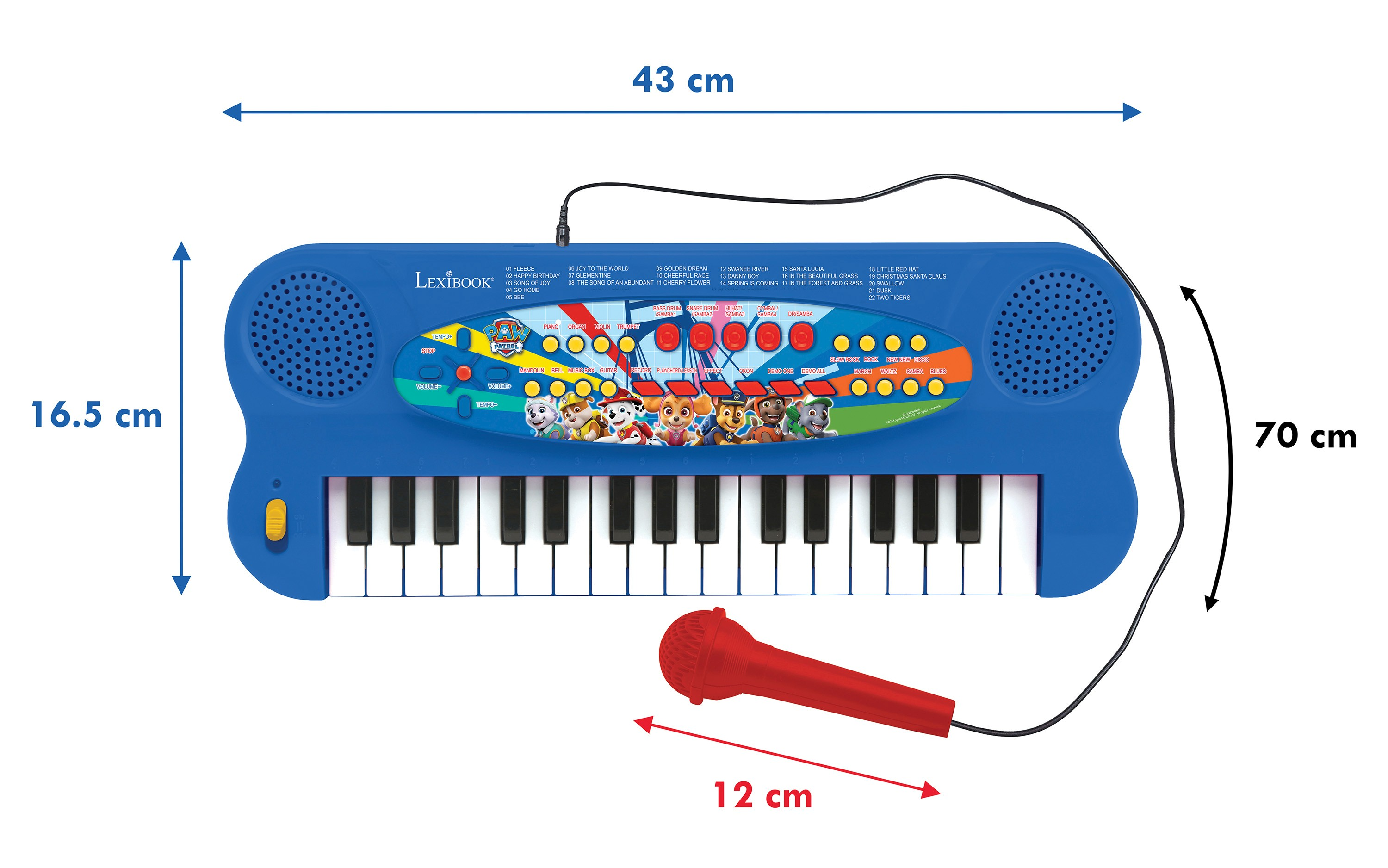Blaue Spielzeug-Keyboard mit schwarz-weißen Tasten, ein Mikrofon und Maße in Zentimetern.