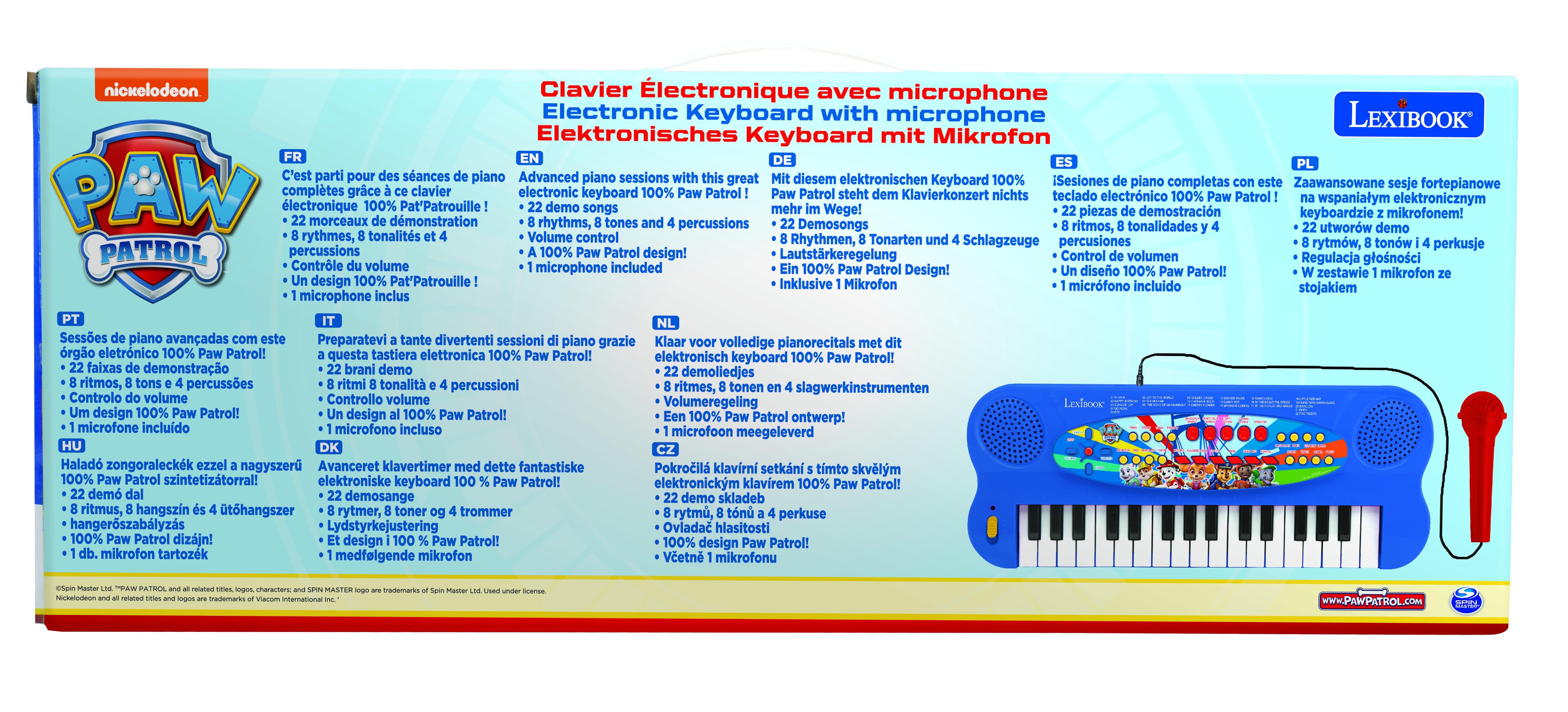 Schachtel mit elektronischer Paw Patrol-Keyboard mit Beschreibungen in verschiedenen Sprachen.