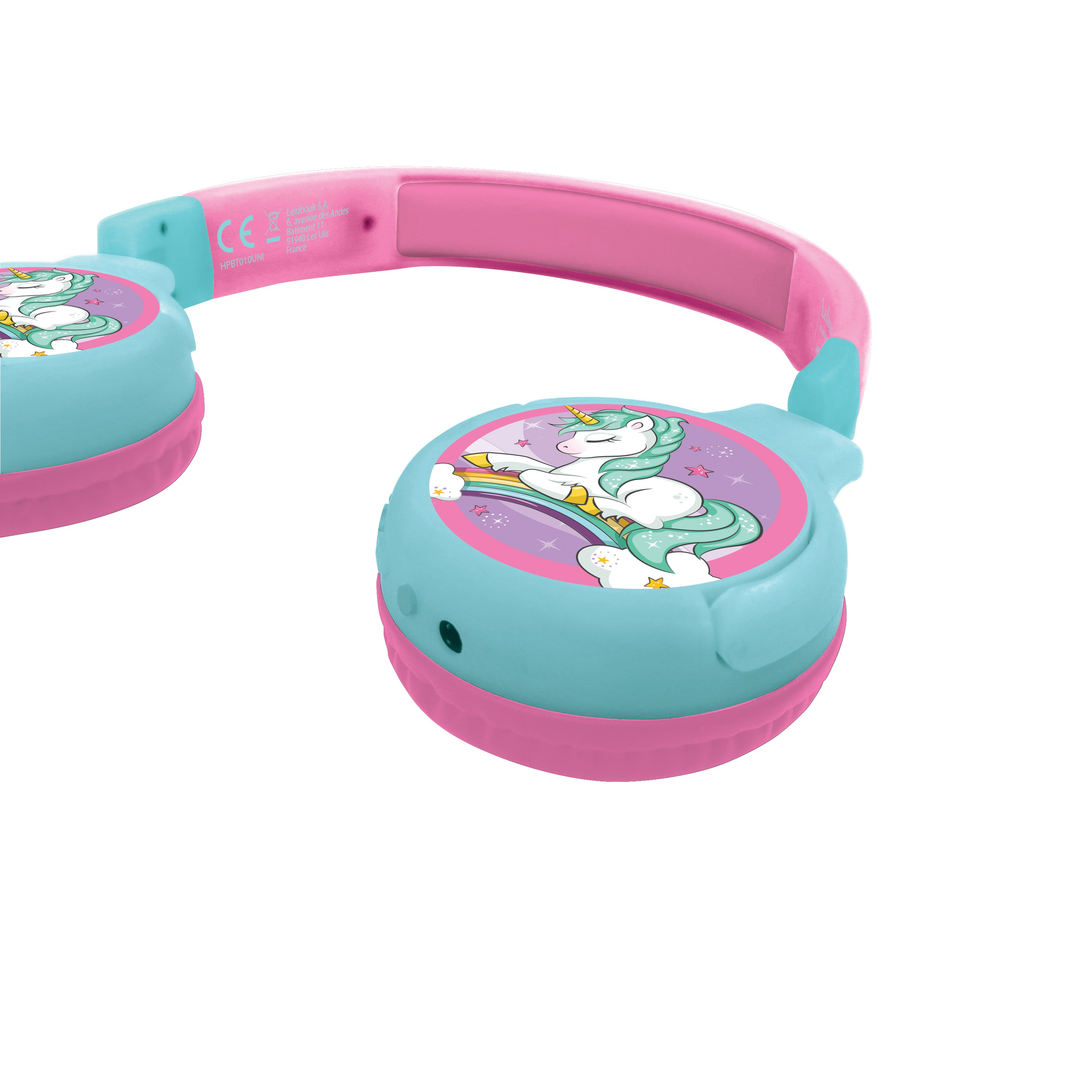 Auriculares de unicornio azules y rosas. Los auriculares tienen un diseño de unicornio.