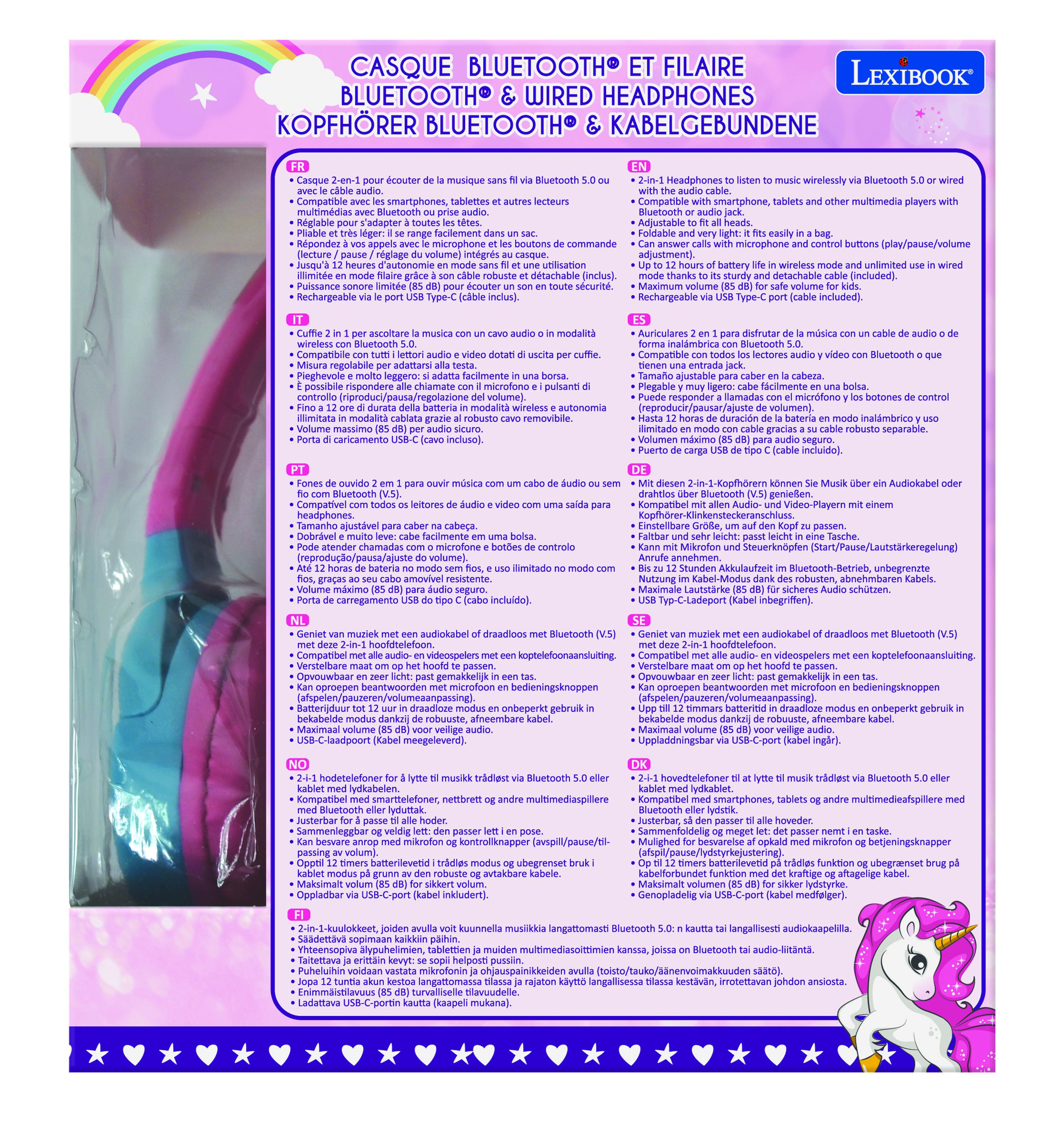 Paquete de auriculares con tema de unicornio con texto y una ilustración de unicornio.