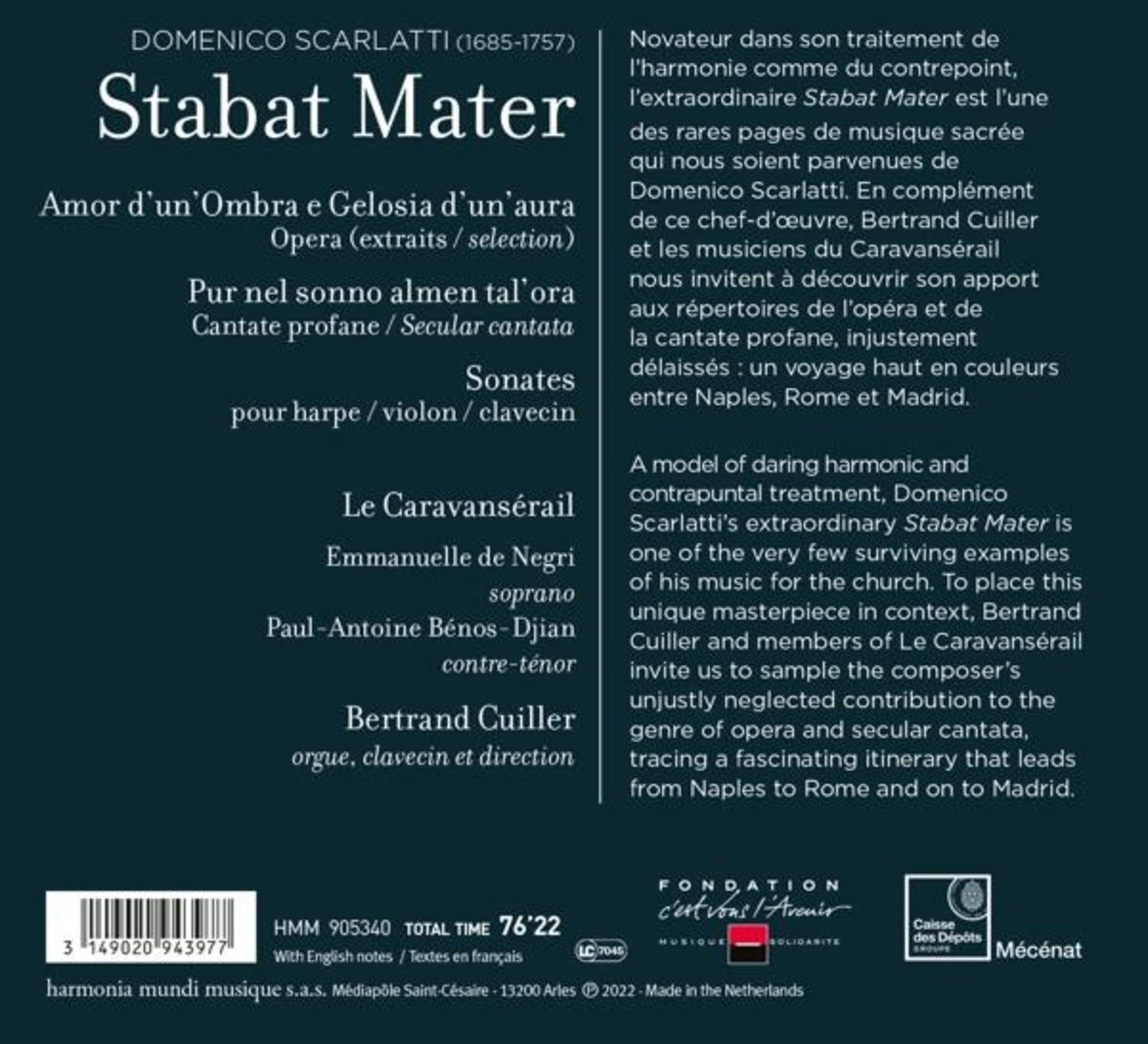 Retro copertina dell'album. Testo: Domenico Scarlatti, Stabat Mater. Testo francese. Uno spartito.