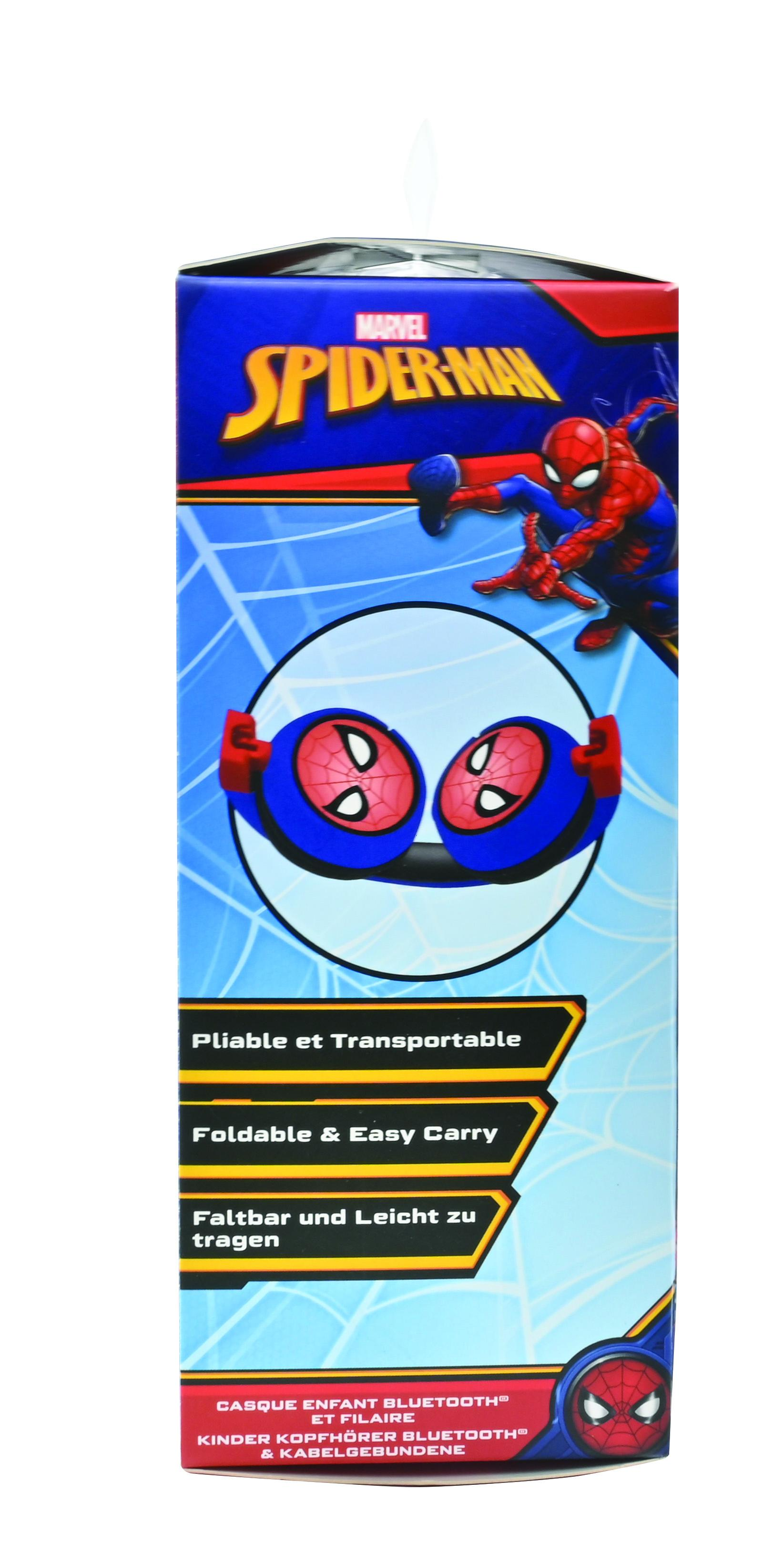 Pudełko z grafiką Spider-Mana, z niebieskimi słuchawkami.