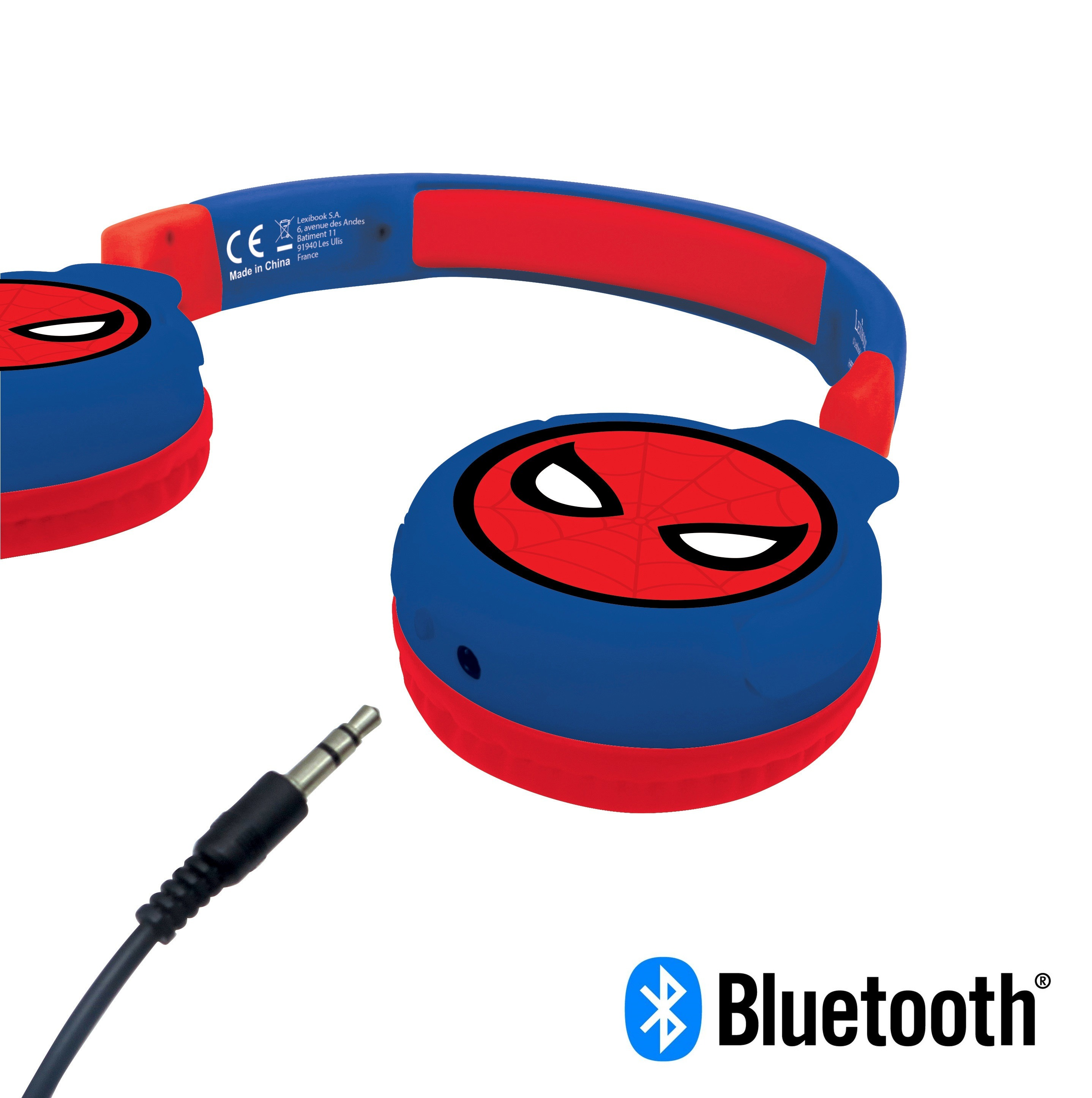 Niebiesko-czerwone słuchawki Spider-Mana z kablem i symbolem Bluetooth.