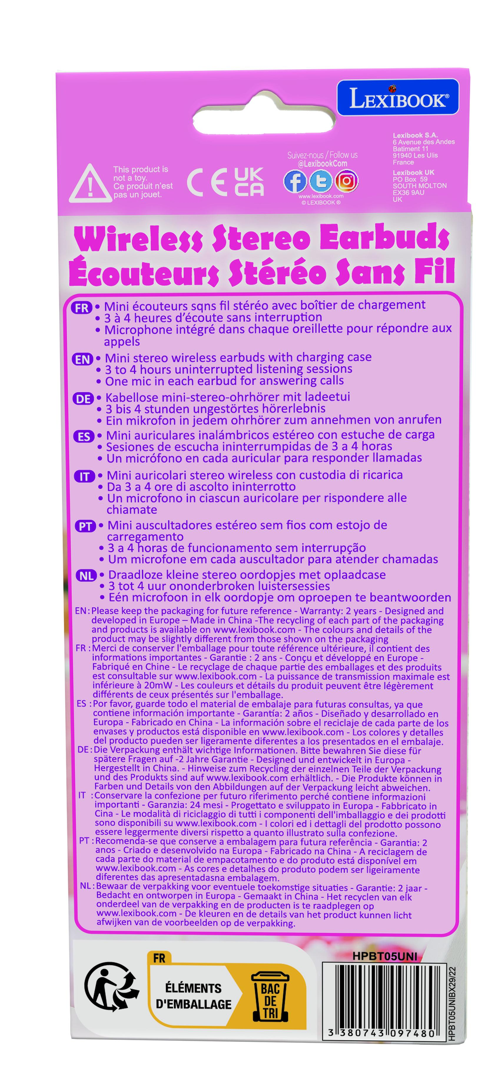 Embalaje Lexibook rosa y blanco con texto en varios idiomas, con un símbolo de reciclaje.
