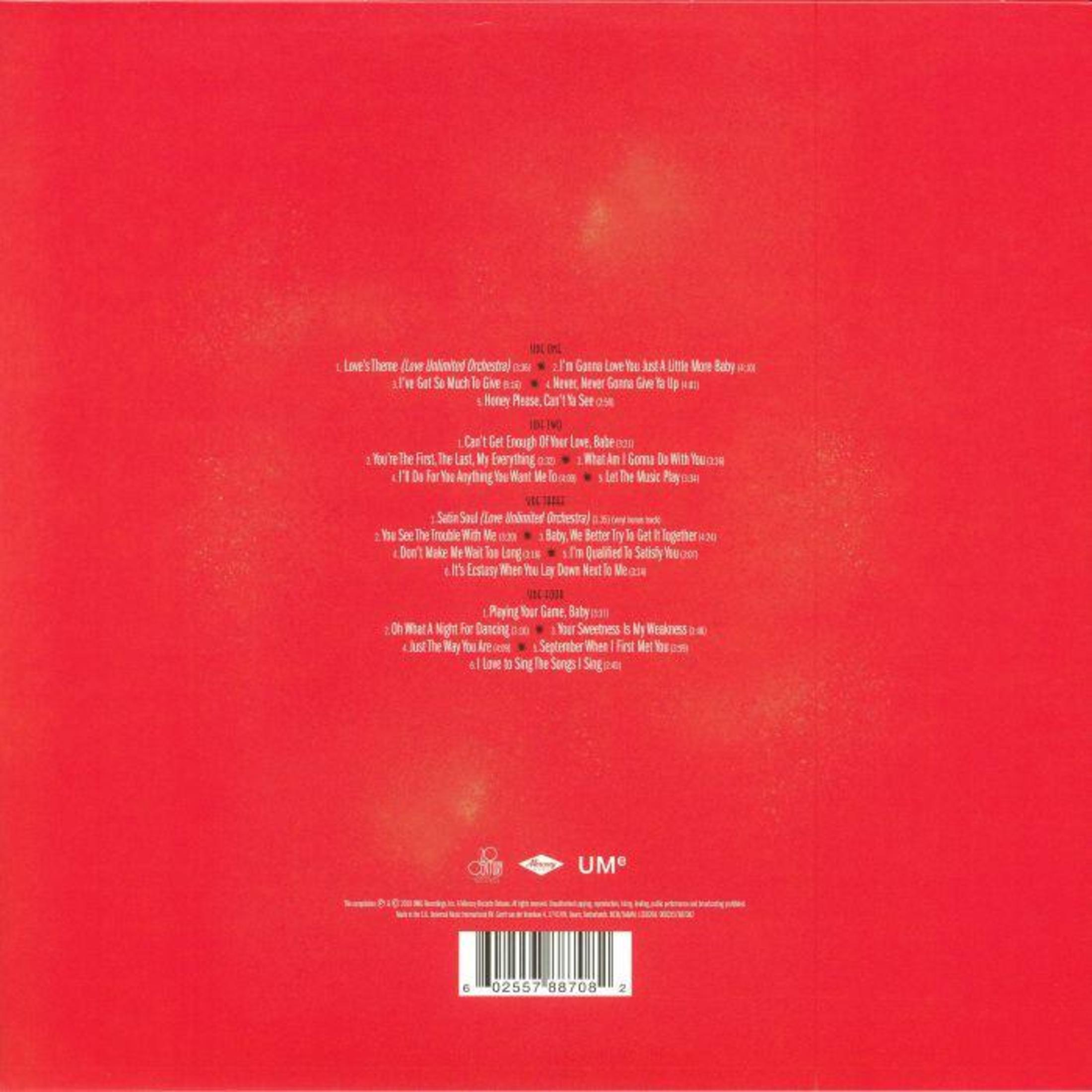 Red album cover with a tracklist. The words 'UM' and 'Love' are visible. White text on the cover.