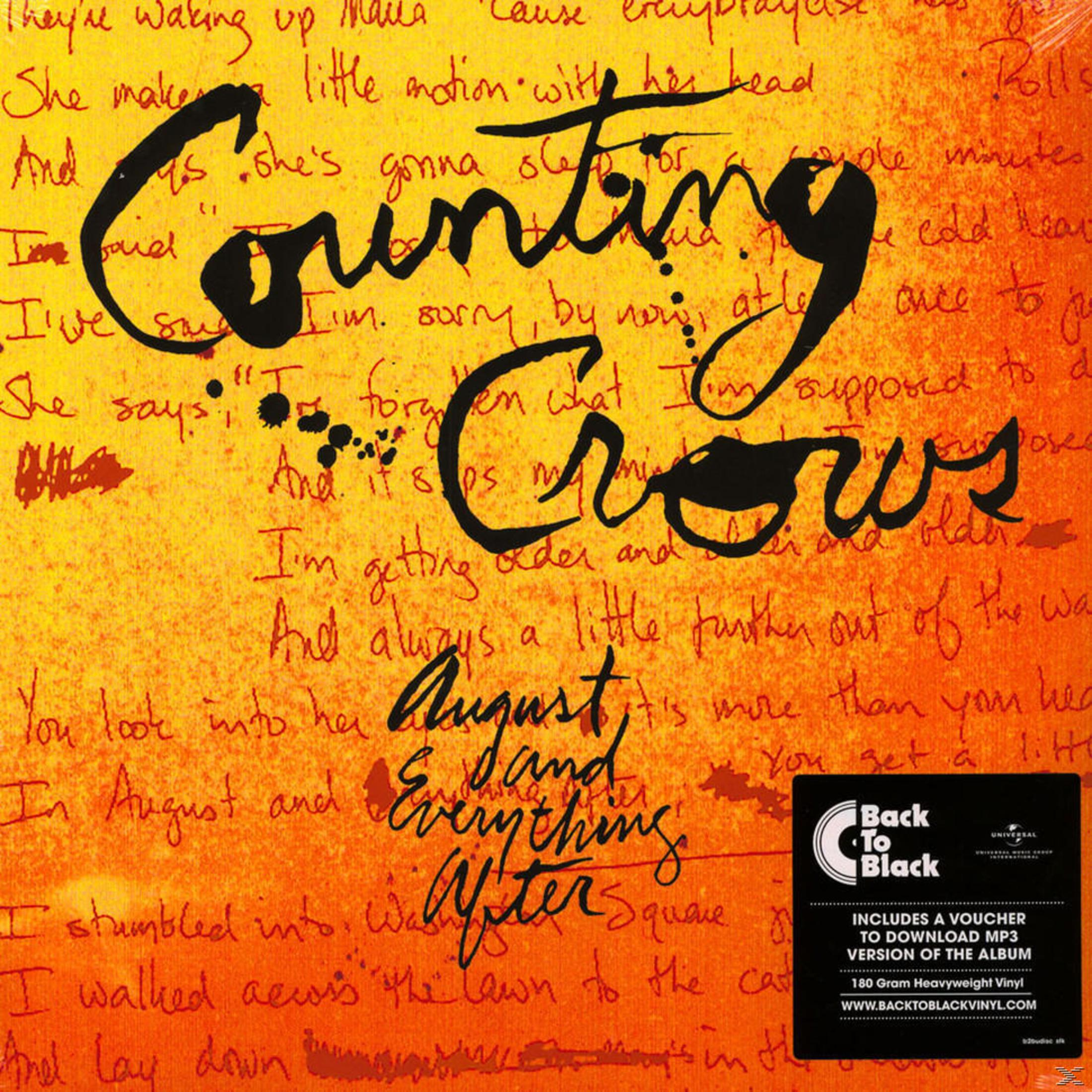 La pochette de l'album 'Counting Crows' présente des paroles manuscrites sur fond jaune avec titre et logo noirs.