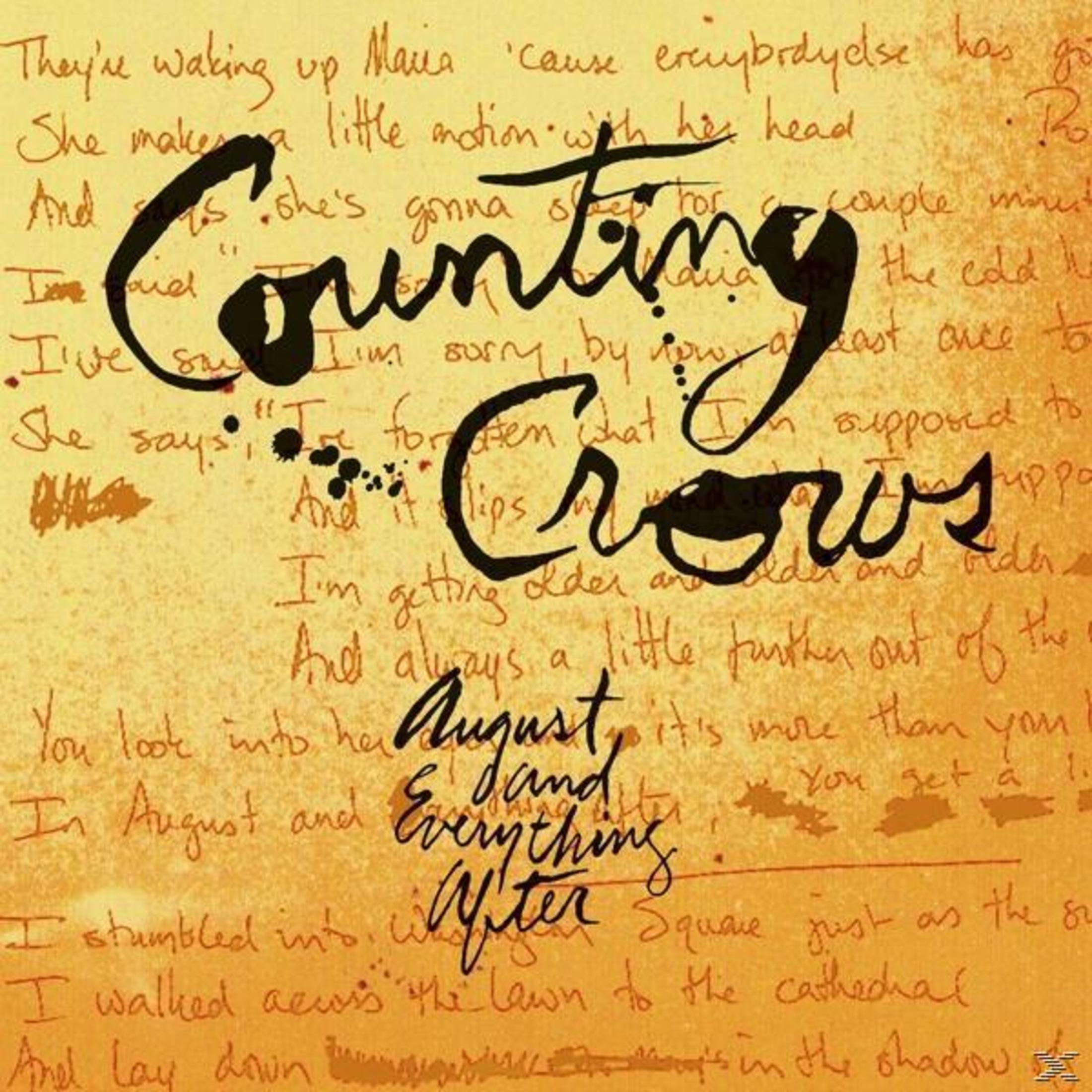 Pochette d'album avec texte manuscrit et le nom du groupe 'Counting Crows' en gras, fond marron.