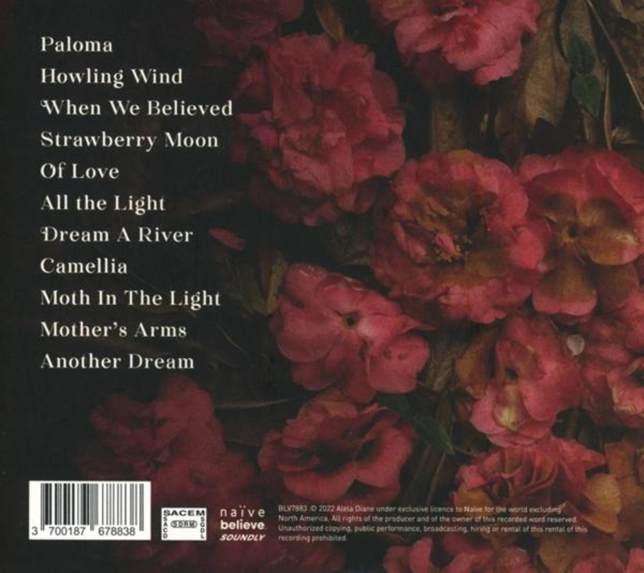 Retro della copertina dell'album con fiori rosso scuro e titoli come 'Paloma'.