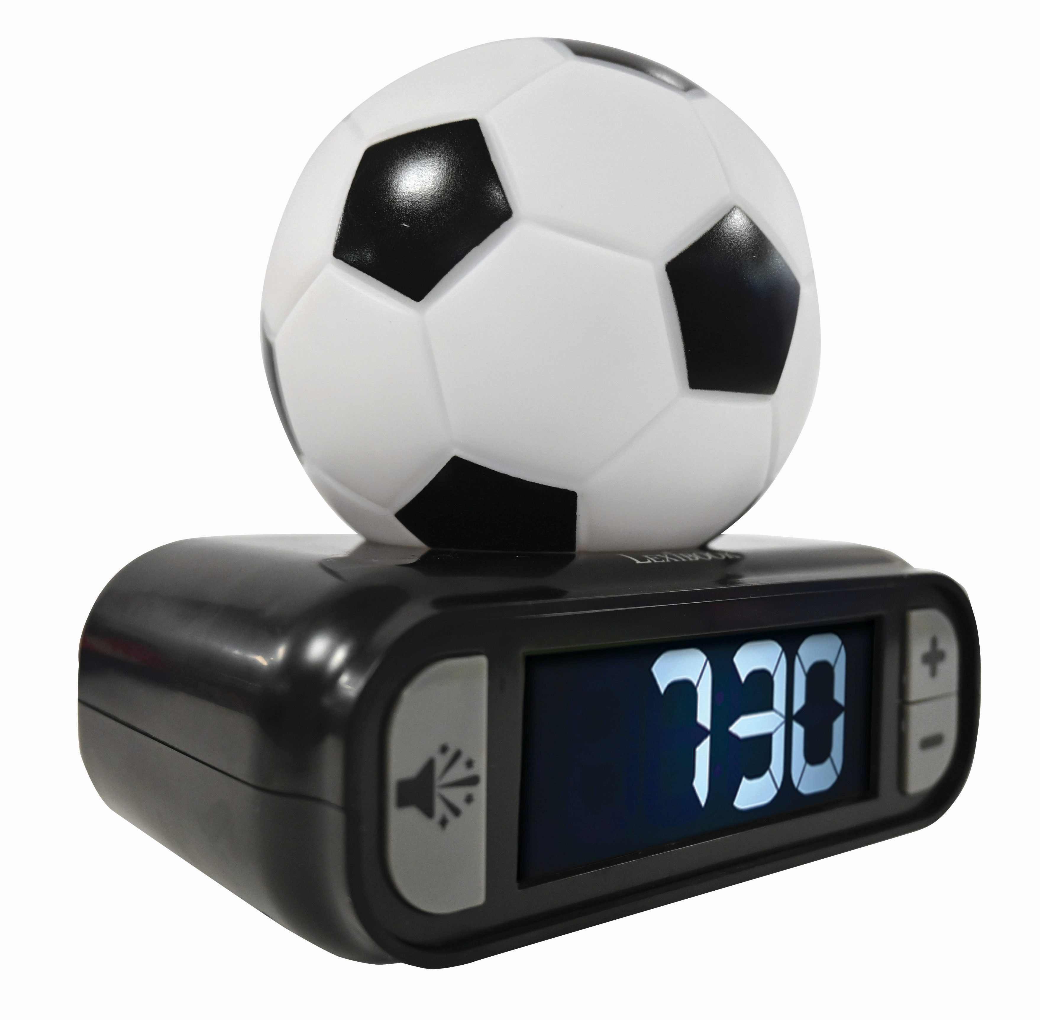 Despertador de balón de fútbol que muestra las 7:30.