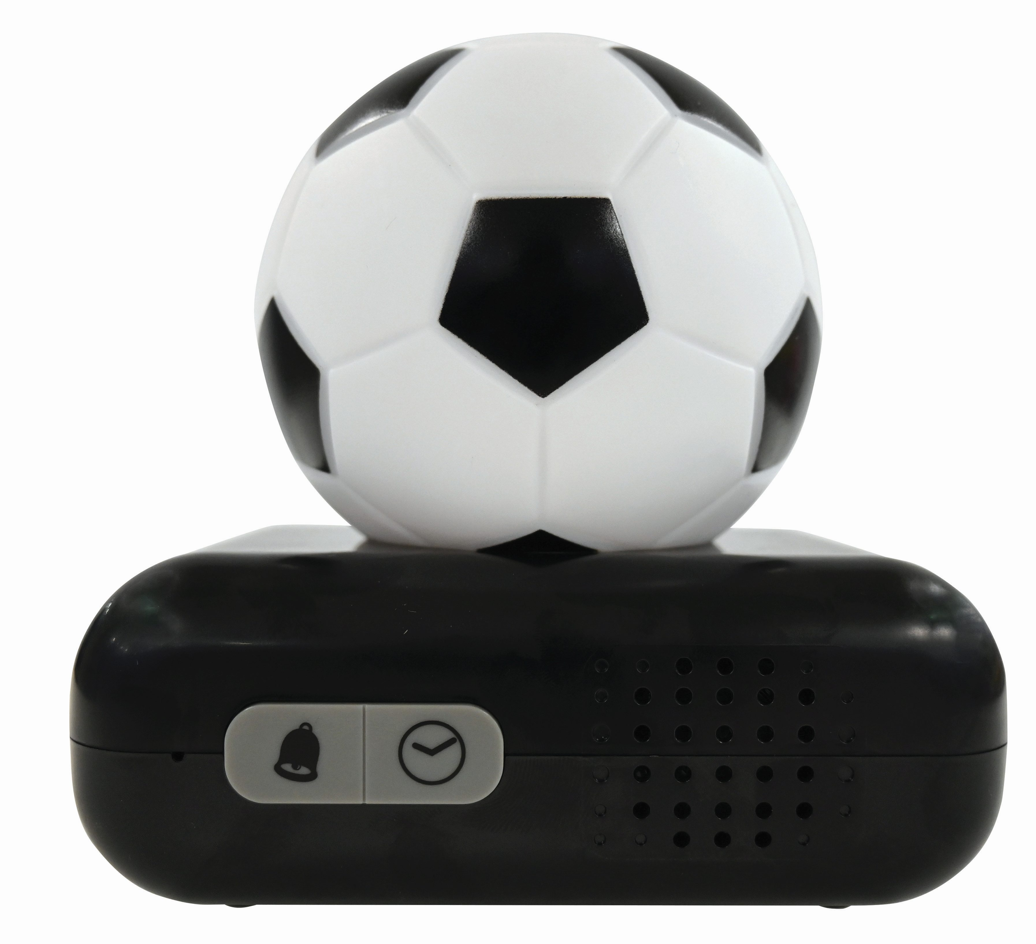 Reloj despertador negro con un balón de fútbol encima. Botones visibles.