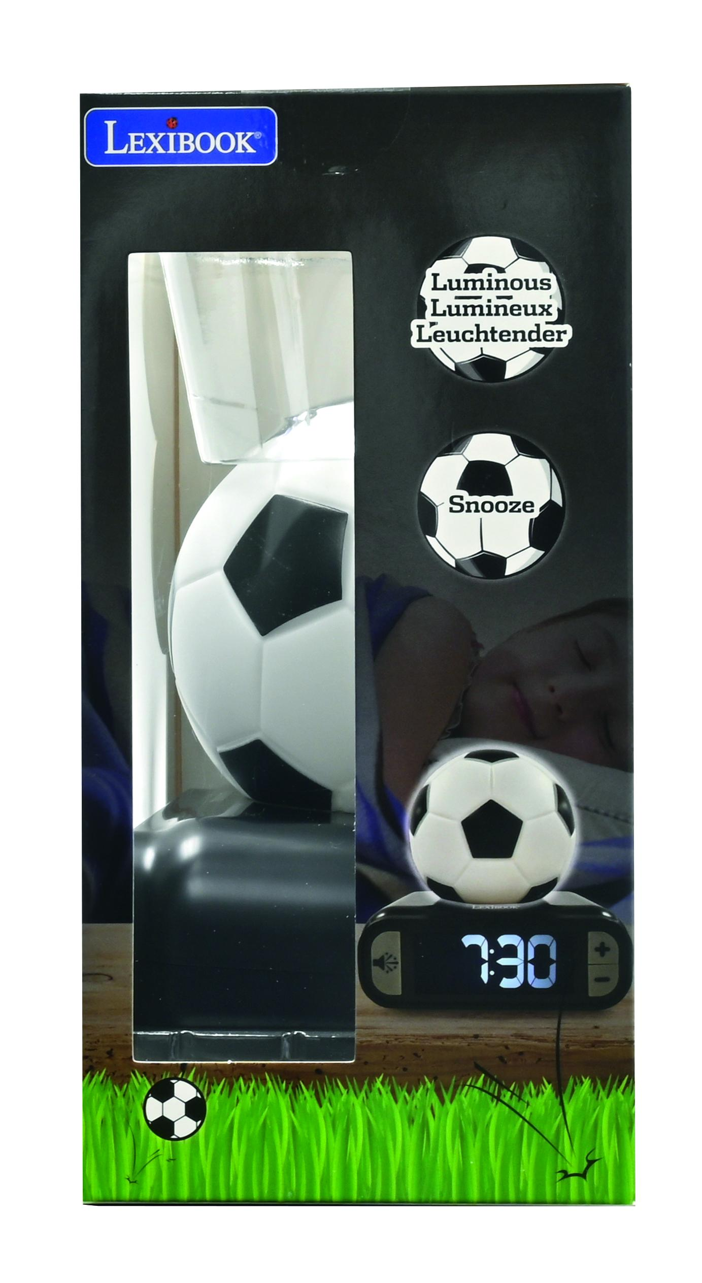 Despertador de balón de fútbol en caja. Un despertador de balón de fútbol con pantalla digital y función de repetición.