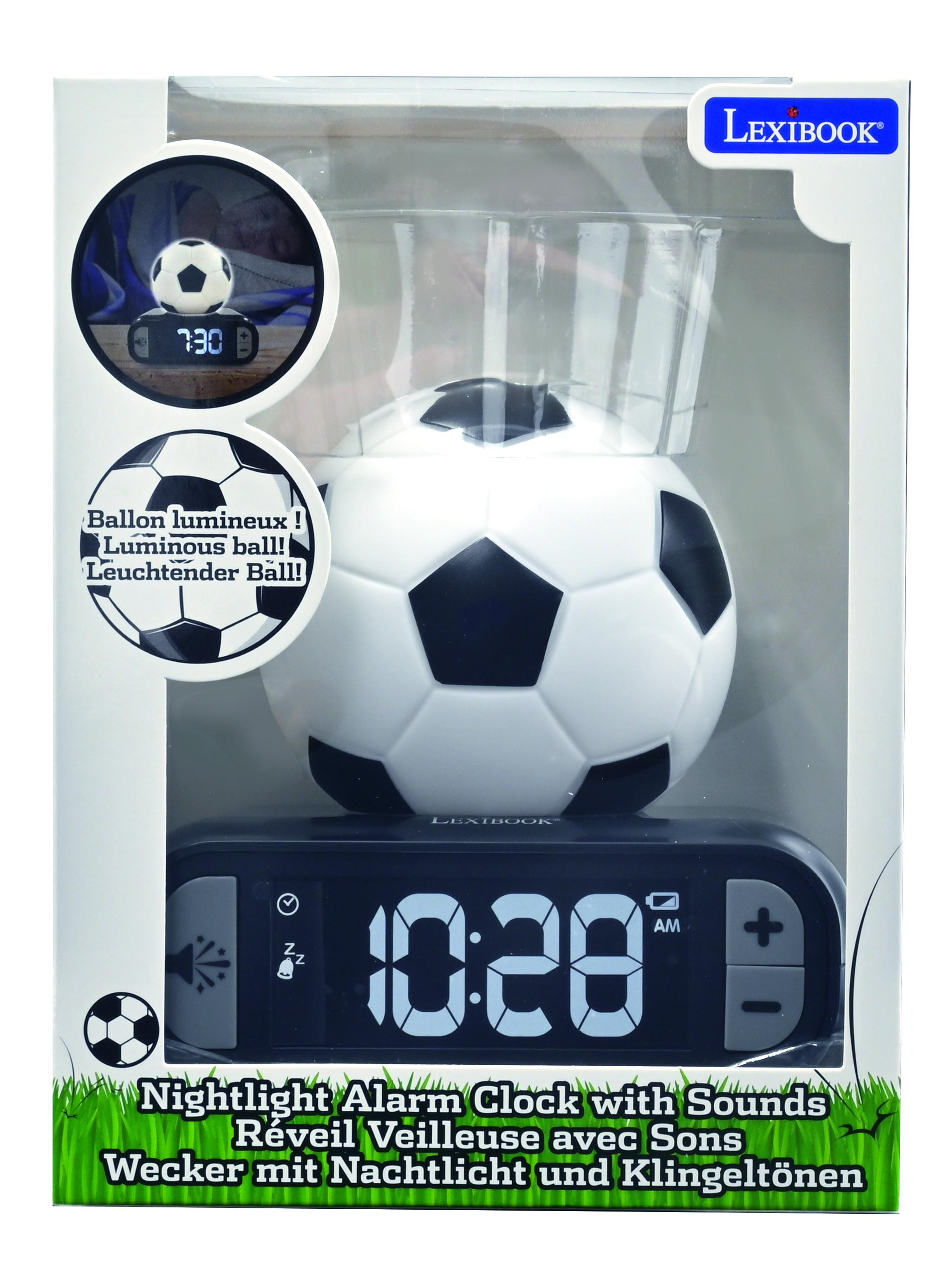 Reloj despertador de balón de fútbol en caja, con pantalla digital 10:28 AM.