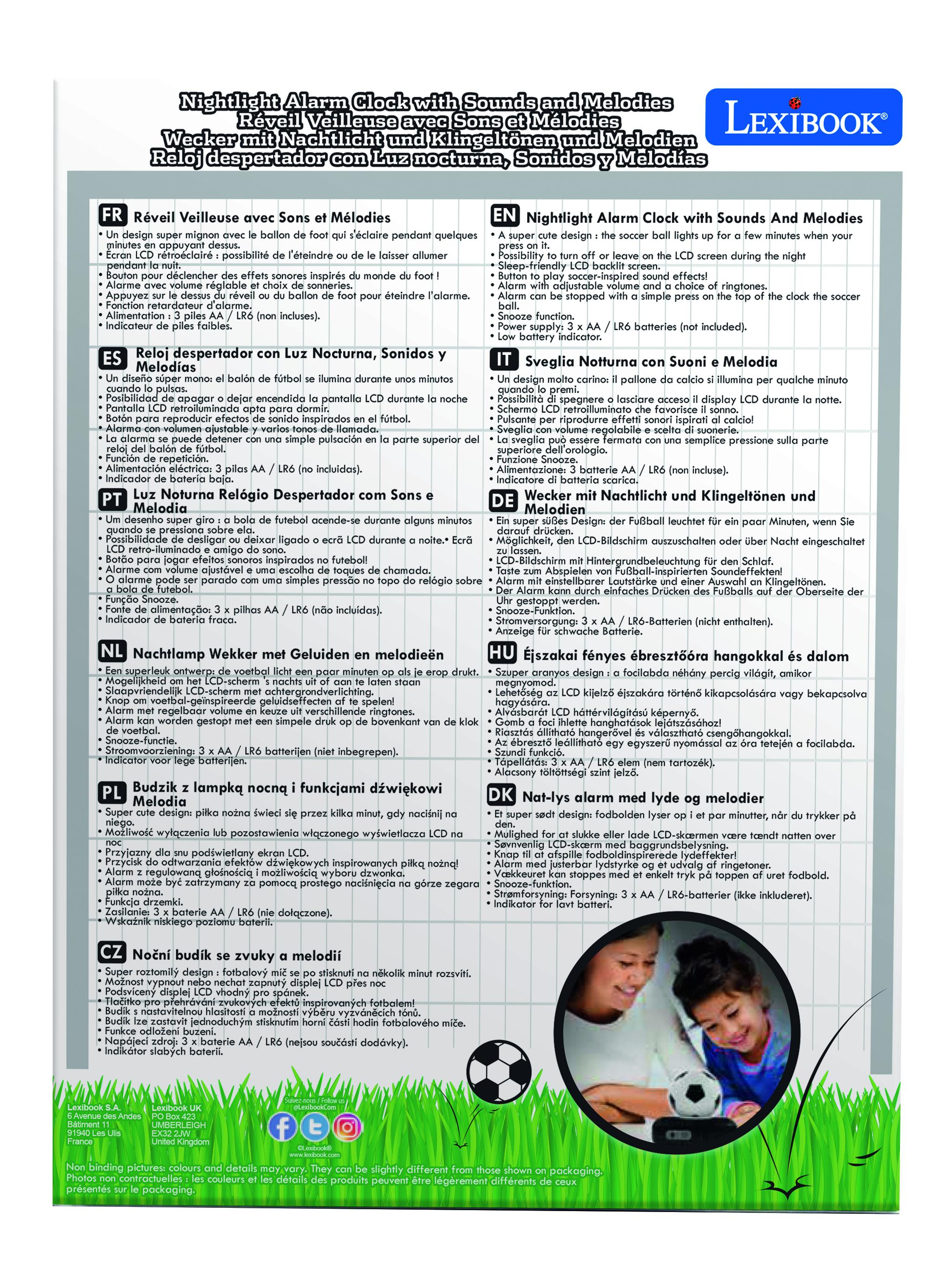 Una página impresa con texto en varios idiomas, imágenes de un balón de fútbol y un niño.