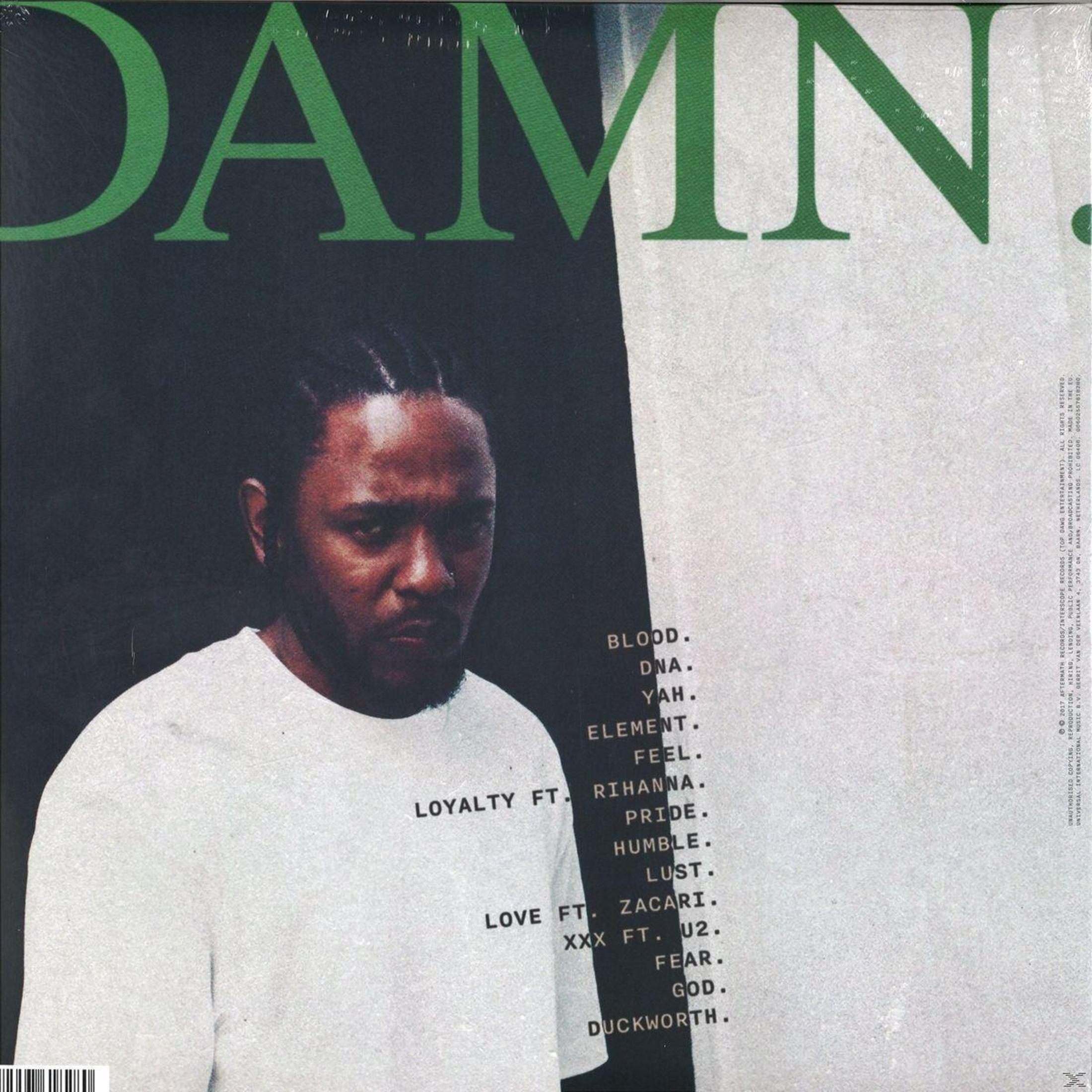 Portada del álbum de Kendrick Lamar. Un hombre con camisa blanca, con el título 'DAMN' y lista de canciones.