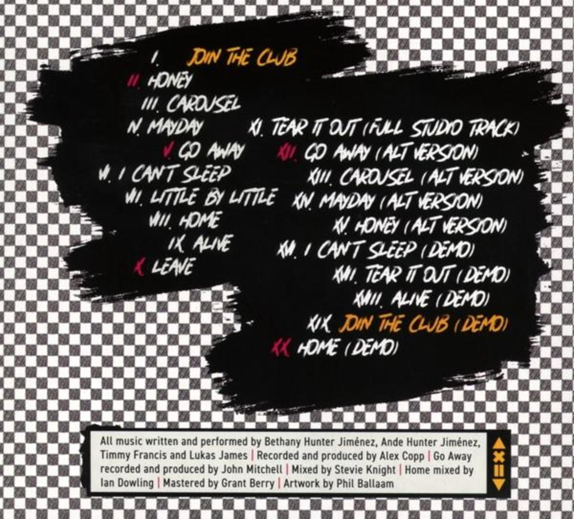 Back of album: Track list and credits in white against a checkered background. 'Join The Club' is listed.