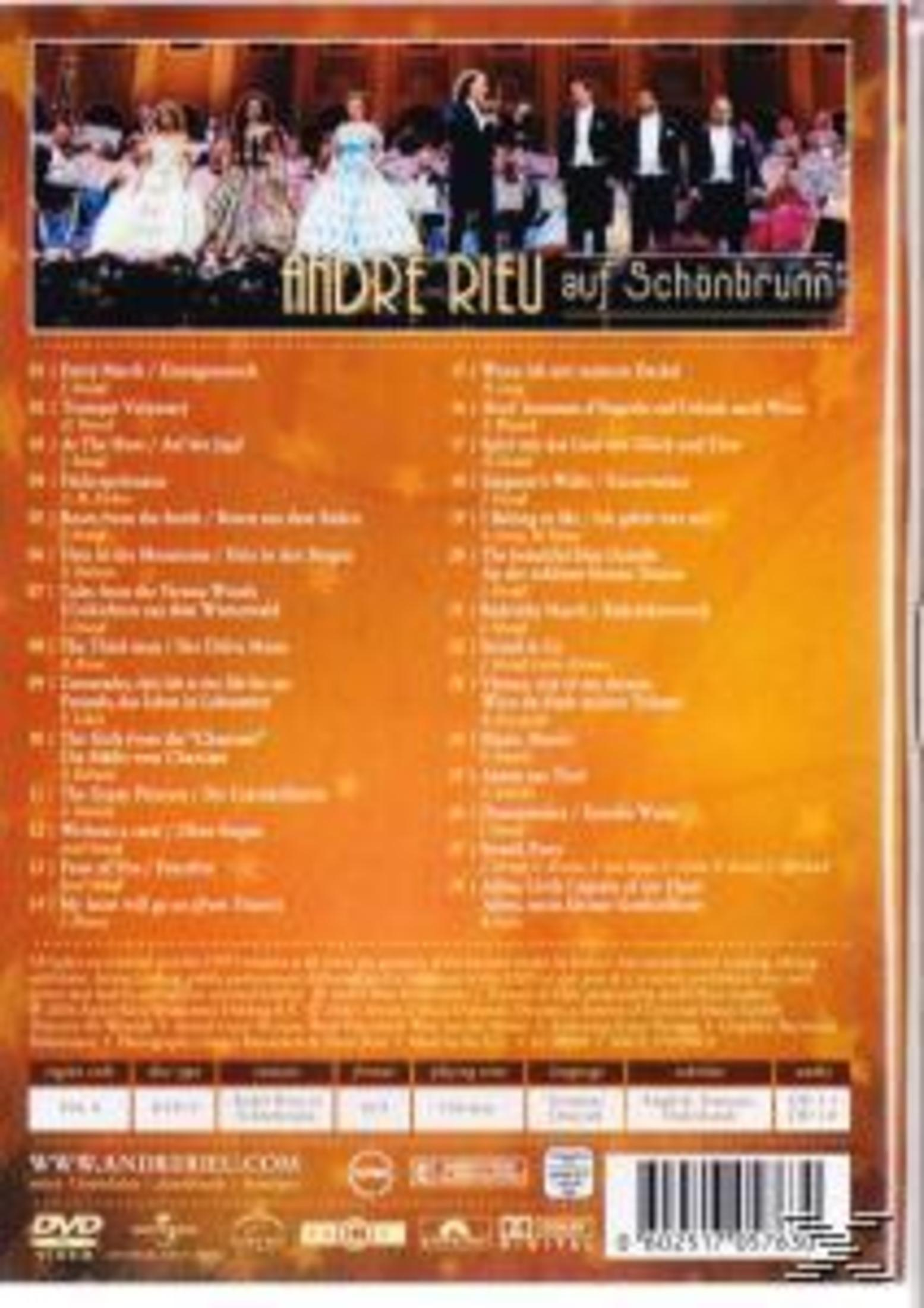 DVD cover for André Rieu auf Schönbrunn, featuring tracklist and images of performers on a gold background.