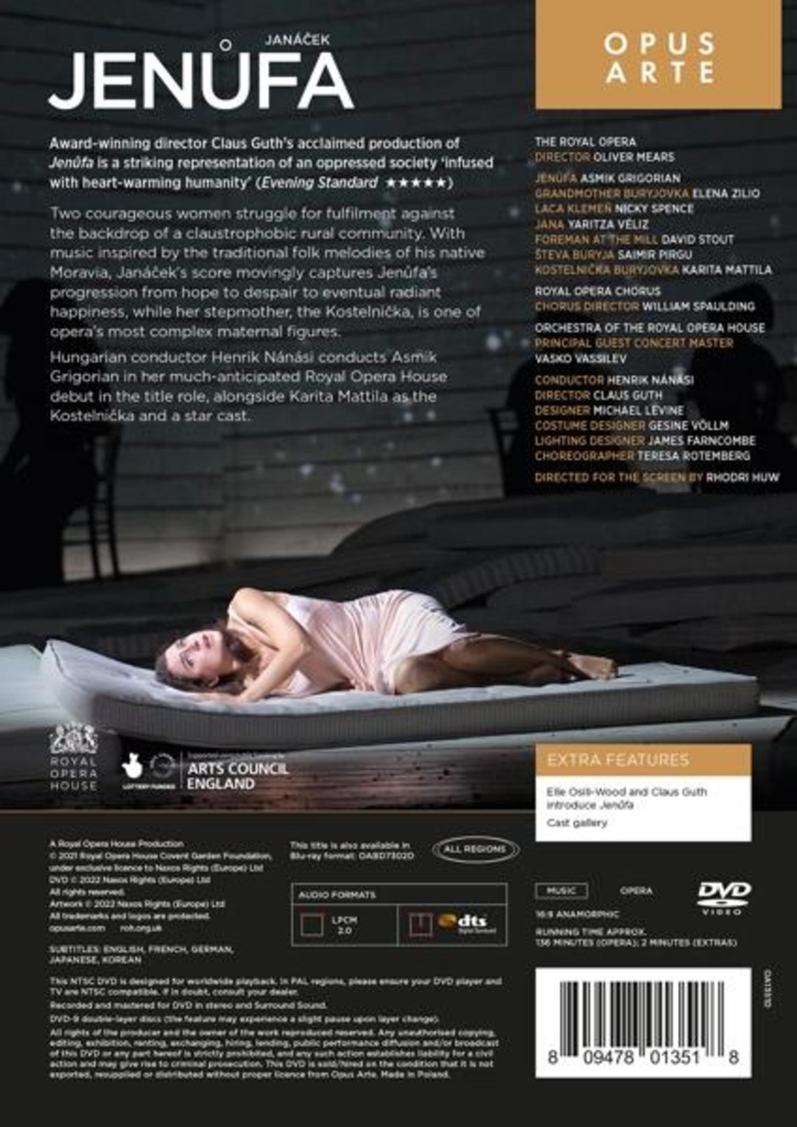 DVD cover. Woman on bed, text: Jenůfa. Details of the opera, cast, and credits. Background: silhouettes.