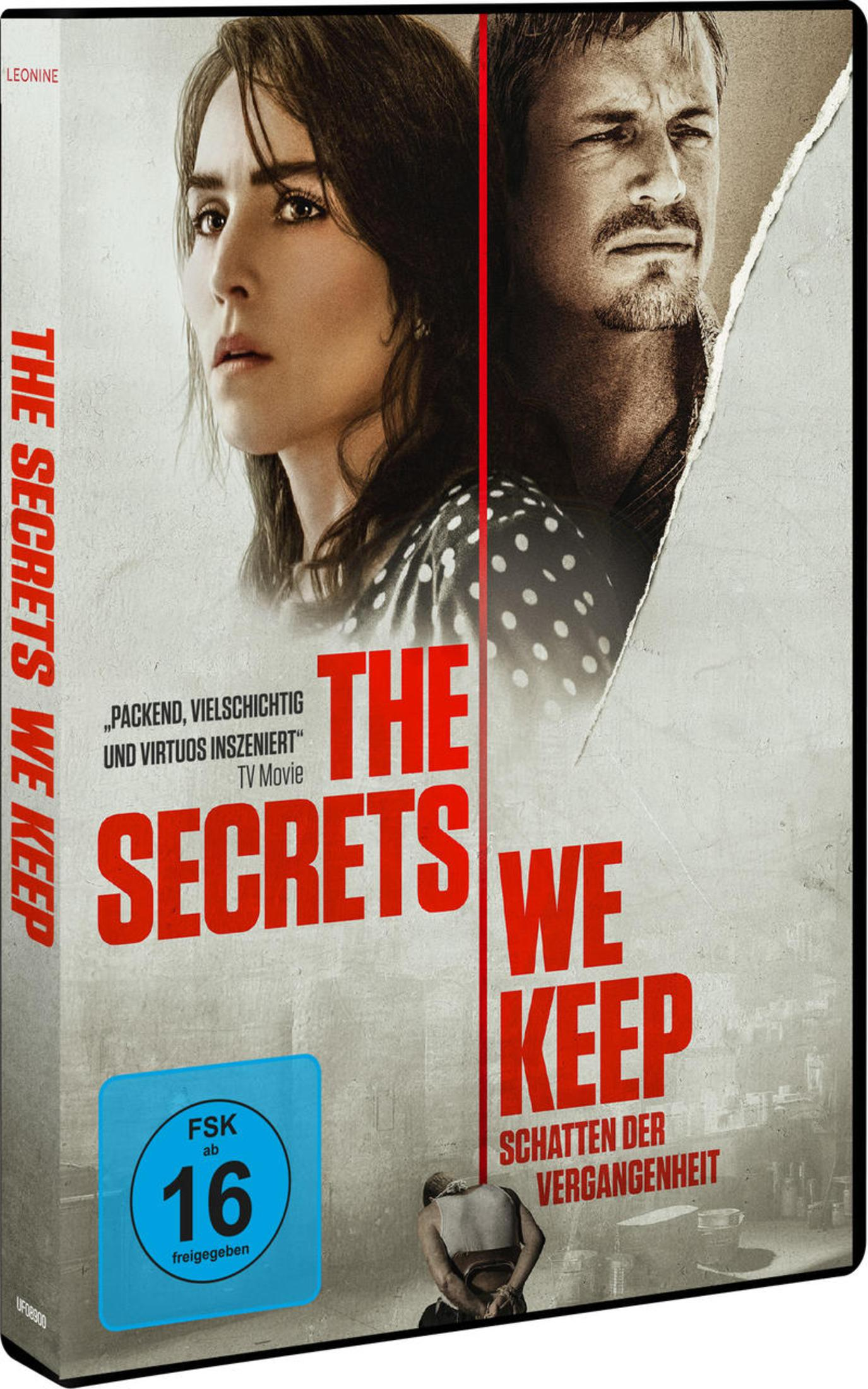 DVD-Hülle von The Secrets We Keep mit Porträts von Mann und Frau und dem Titel in rotem Text.