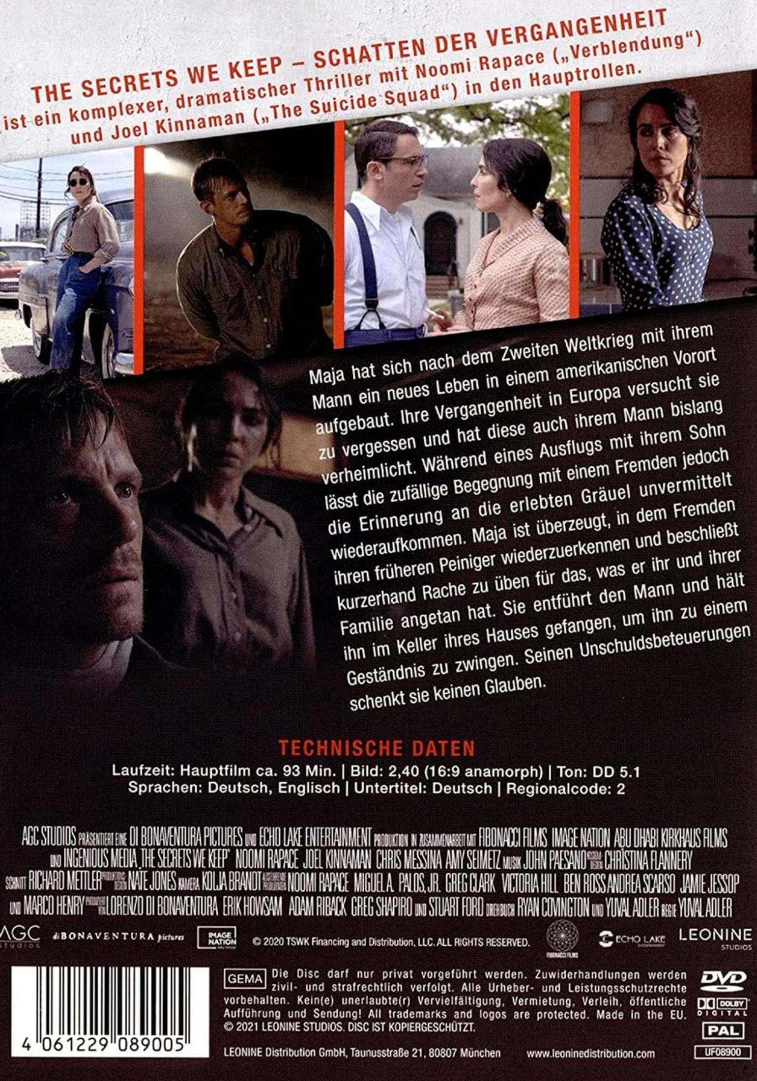 Rückseite einer DVD-Hülle mit Szenenbildern, Text und technischen Daten des Films The Secrets We Keep.