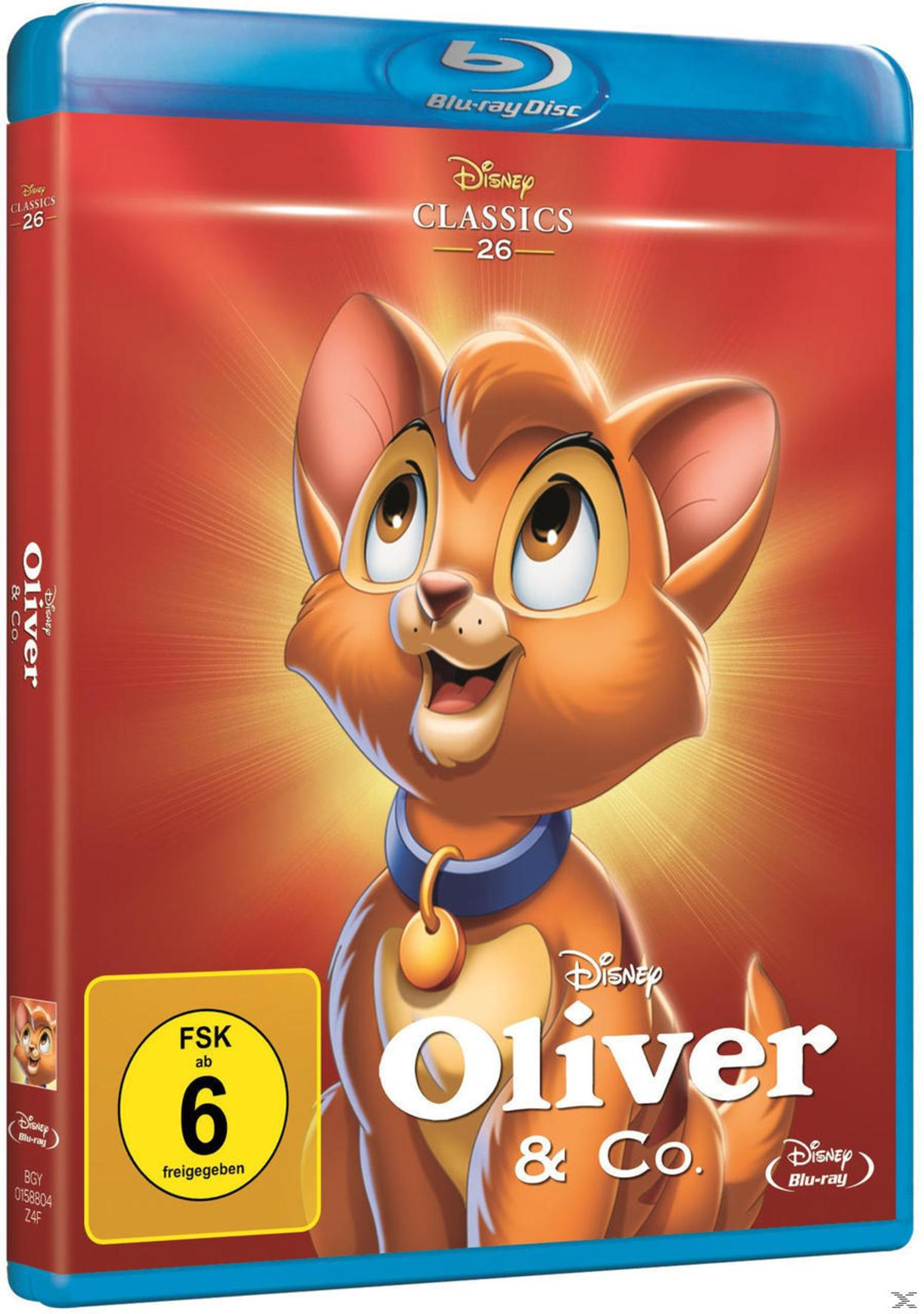 Blu-ray-Cover von Oliver & Company. Eine orange Katze blickt nach oben mit blauem Halsband. Roter Hintergrund.