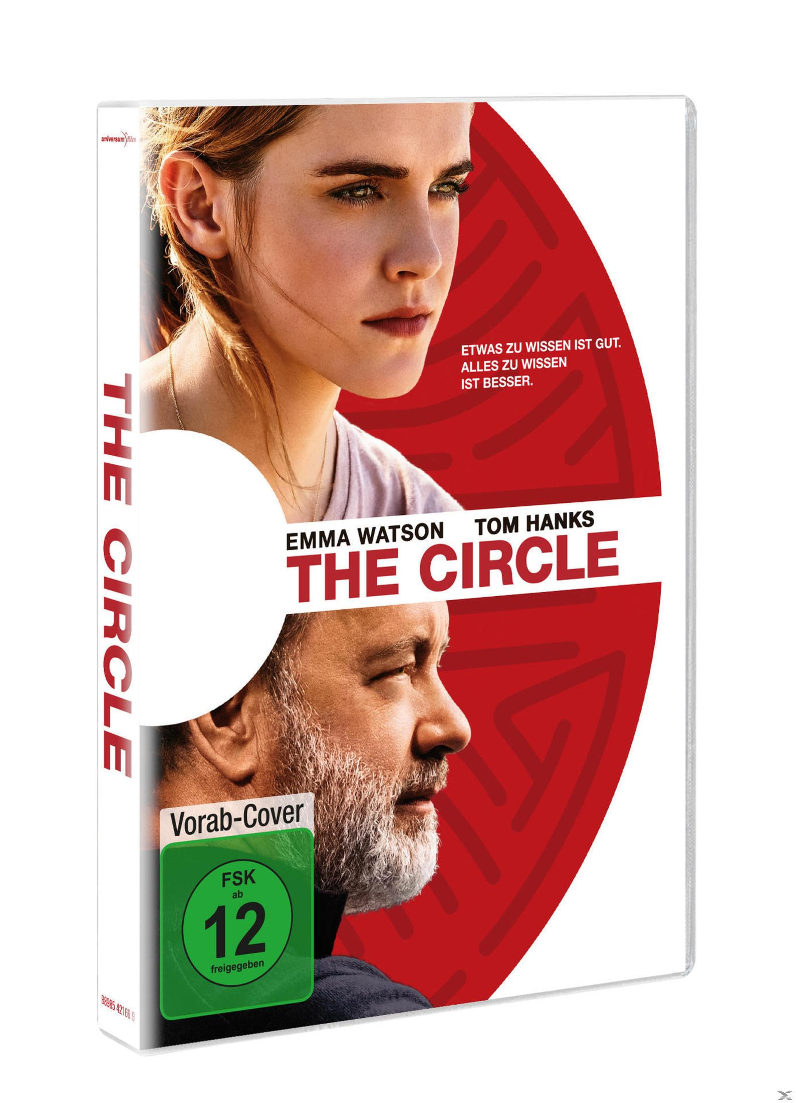 DVD-Cover von The Circle mit Emma Watson und Tom Hanks vor einem roten Hintergrund und FSK-12-Logo.