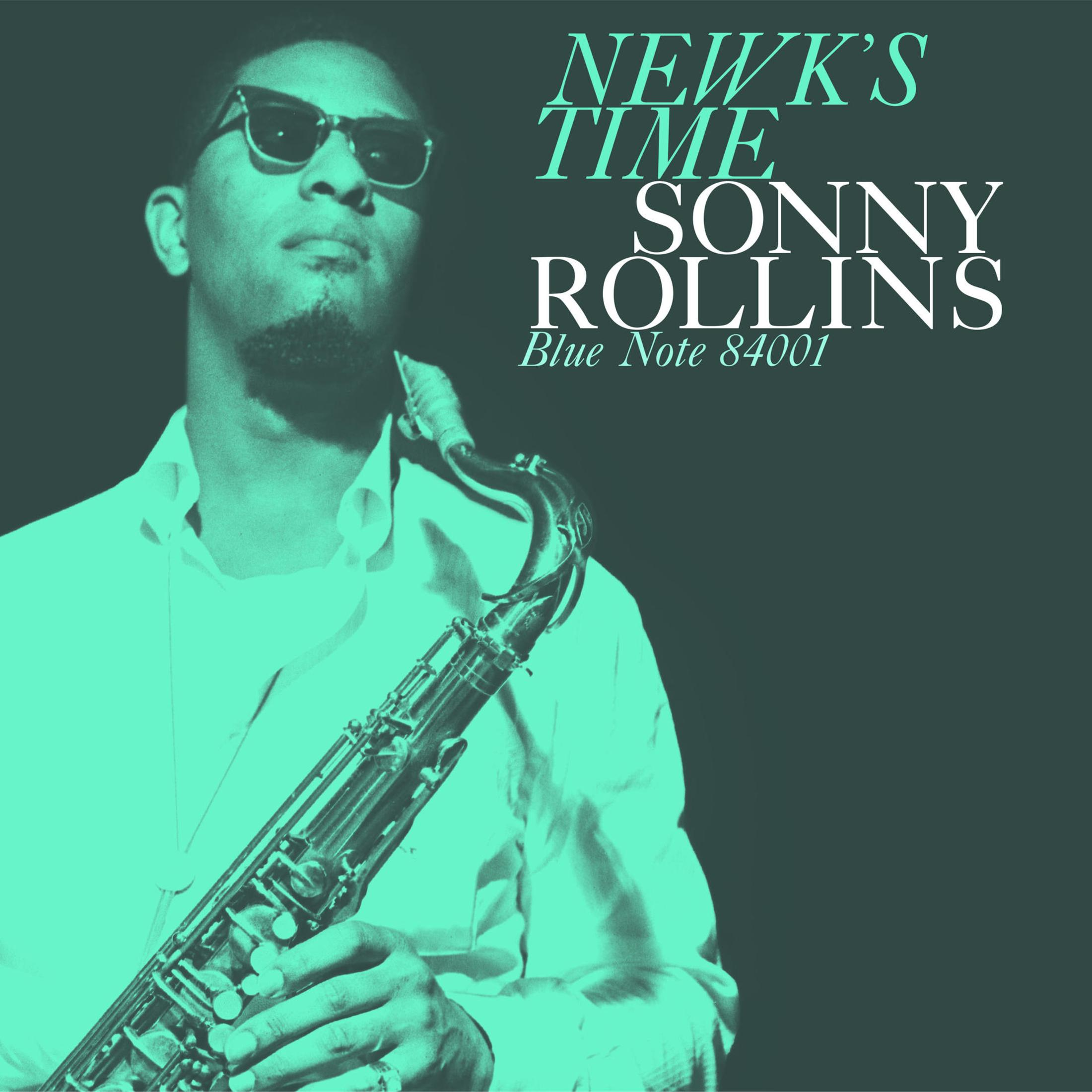 Pochette de l'album : Sonny Rollins, Newk's Time. Homme avec des lunettes de soleil et un saxophone.