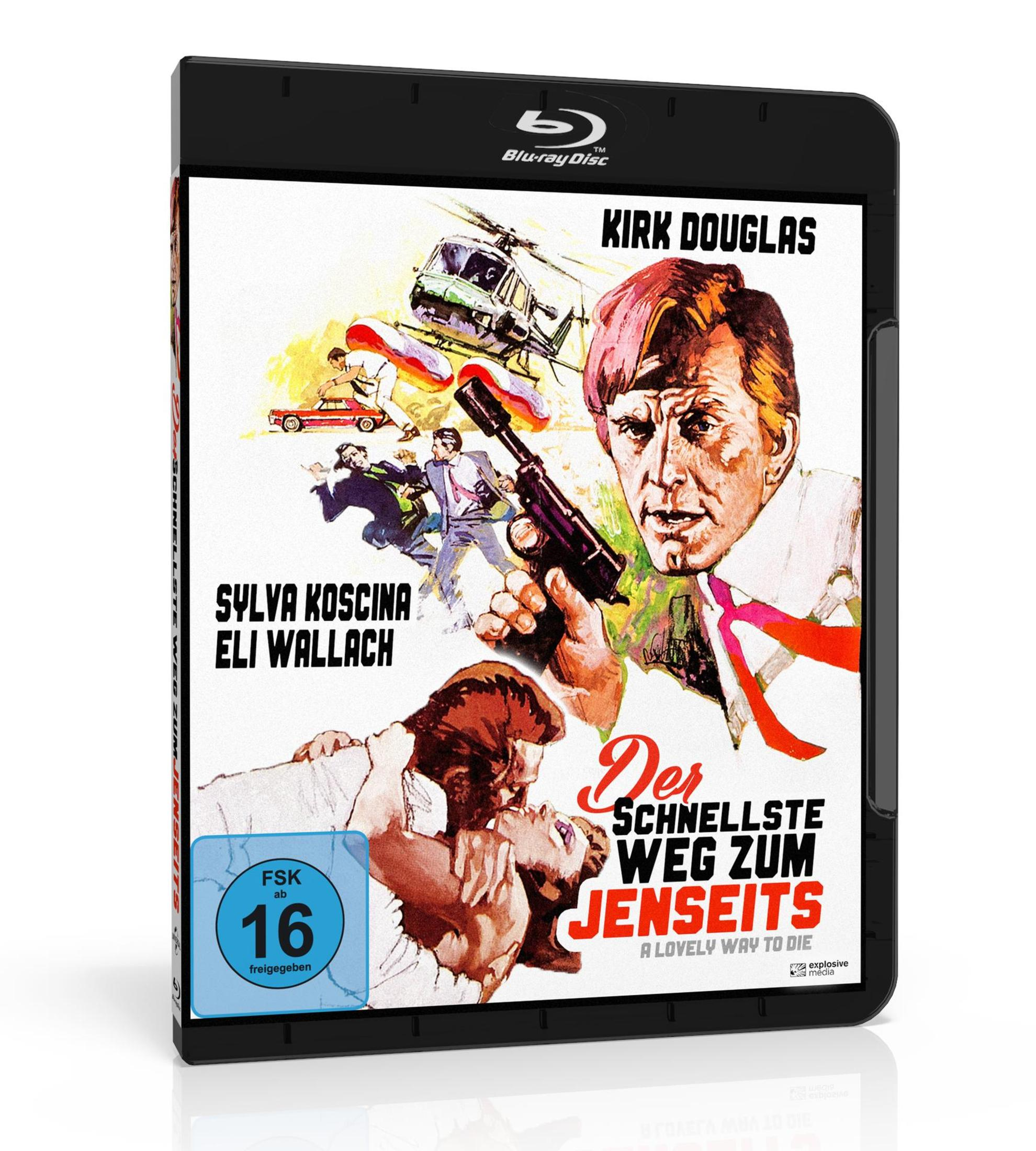Blu-ray-Hülle mit Action-Illustrationen, Kirk Douglas, einem Hubschrauber und einem sich umarmenden Paar.